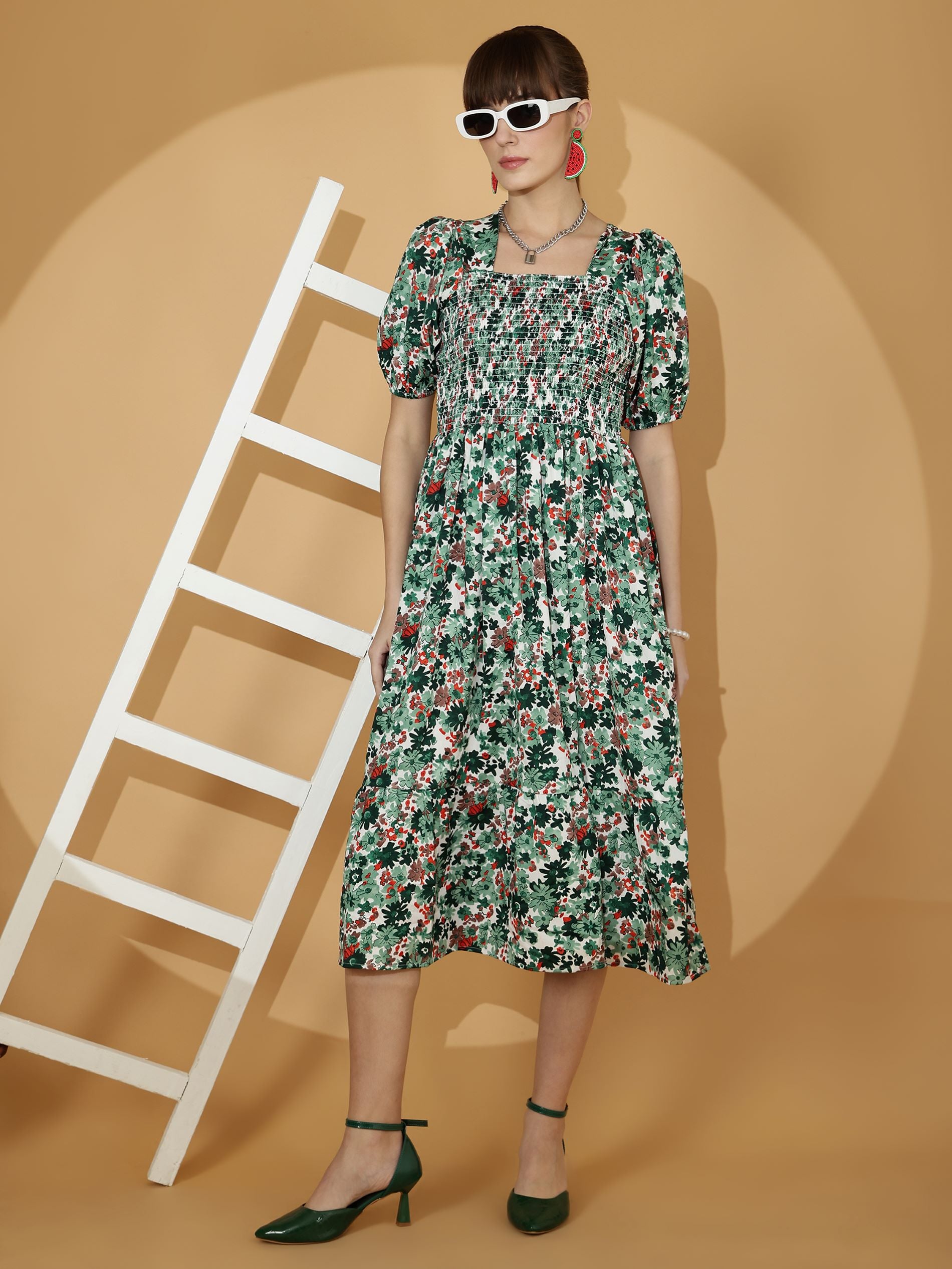 Green Floral Printed Fit & Flare Crepe Midi Dress