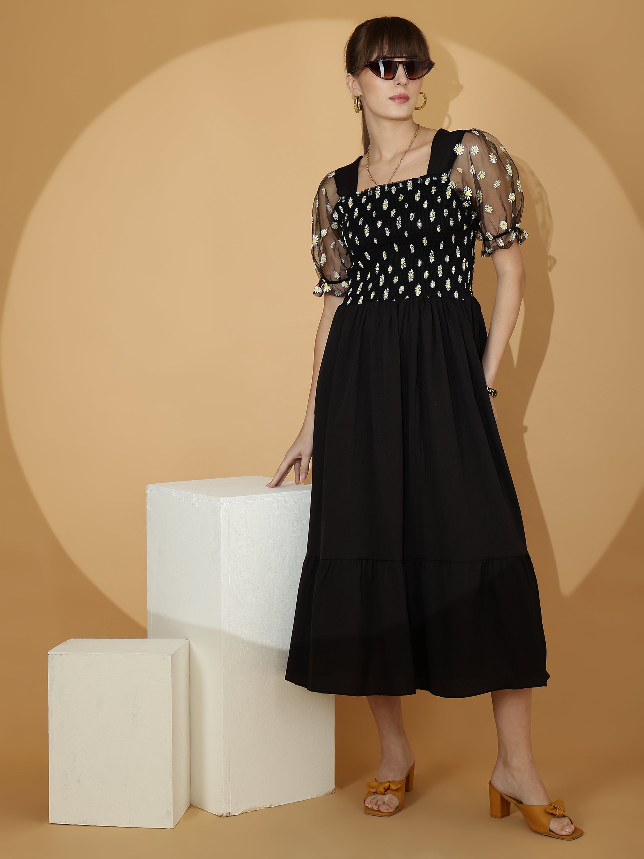 Black Smocked Midi Dress with Sheer Puff Sleeves
