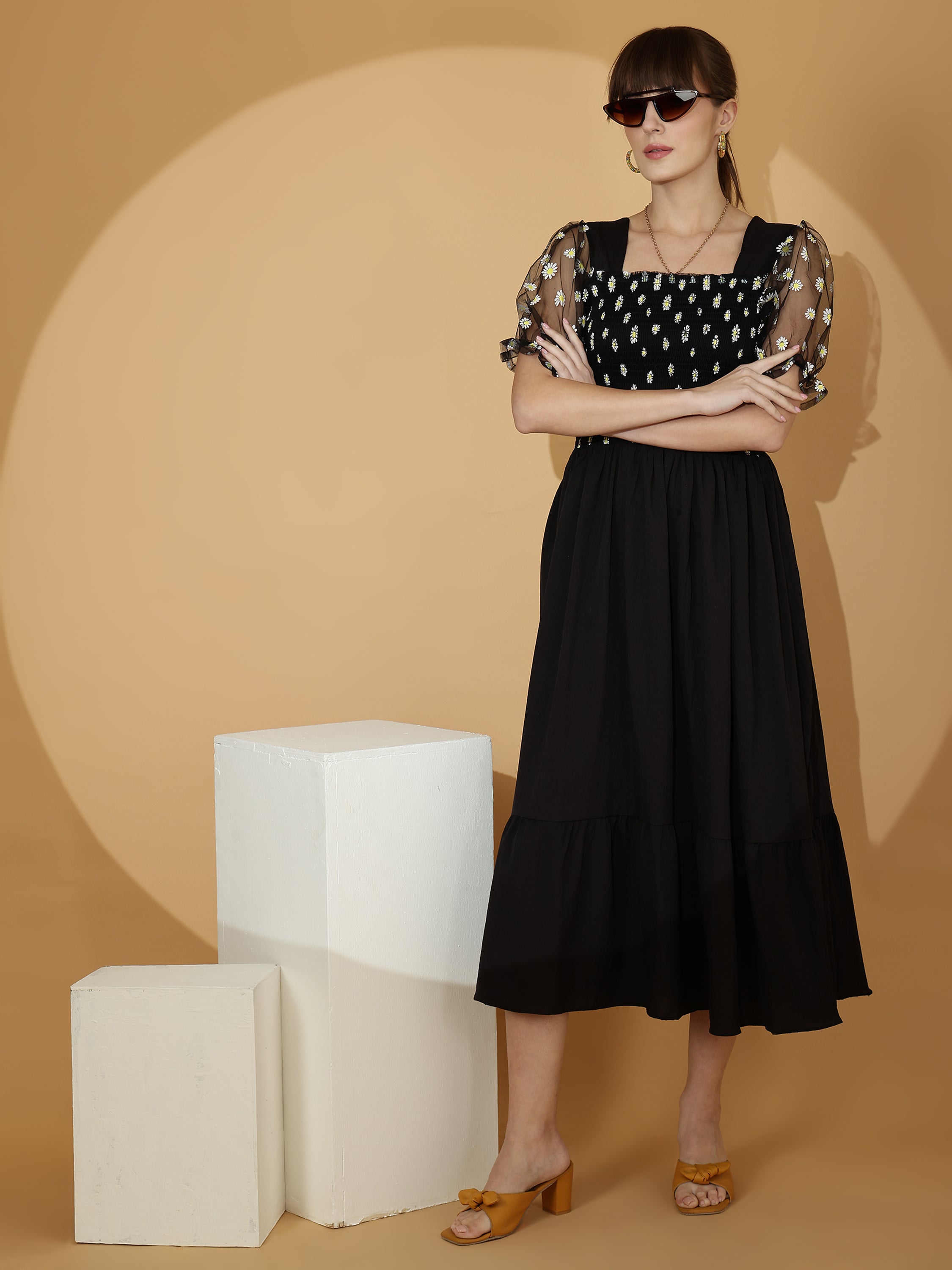 Black Smocked Midi Dress with Sheer Puff Sleeves
