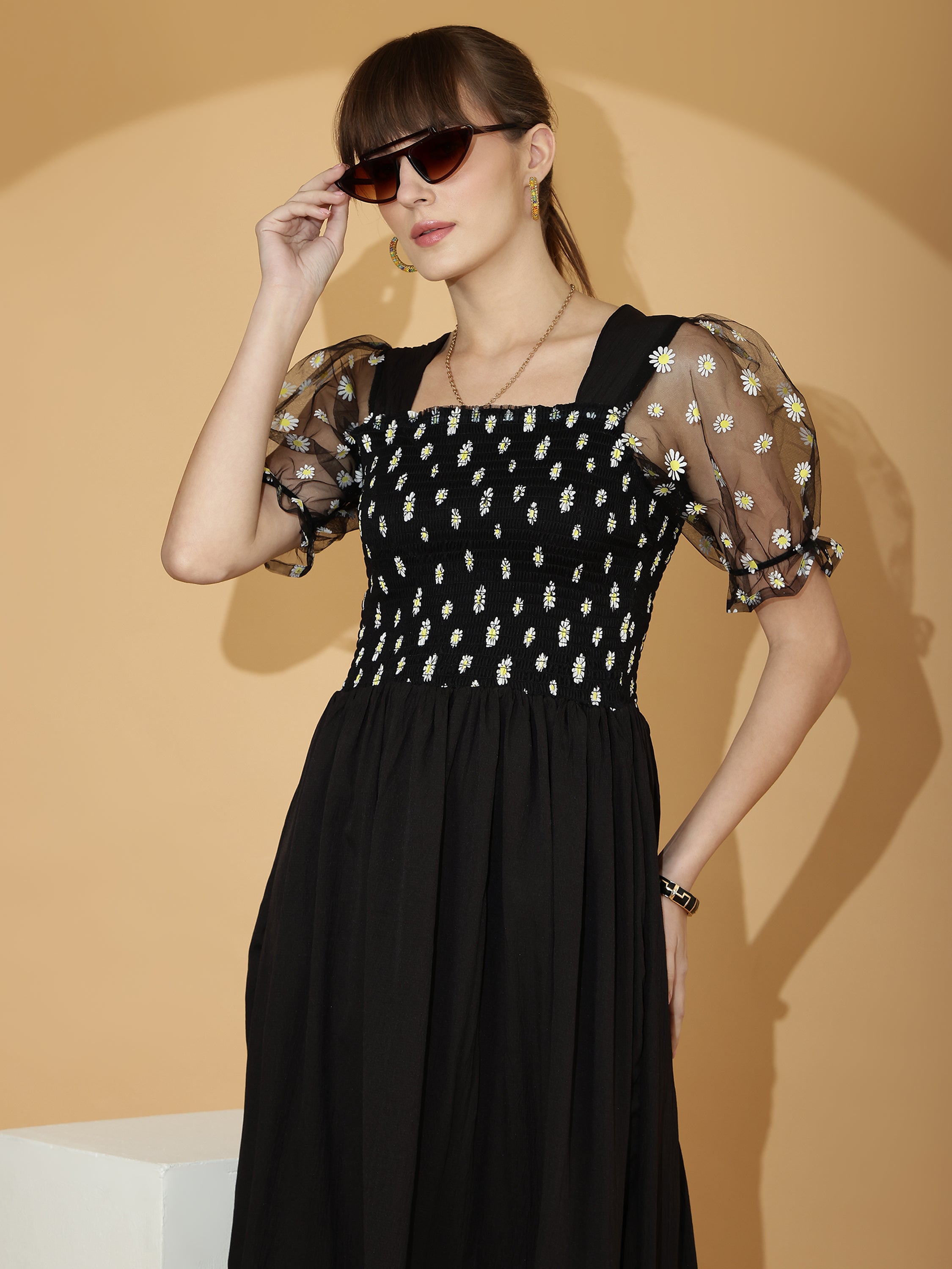 Black Smocked Midi Dress with Sheer Puff Sleeves