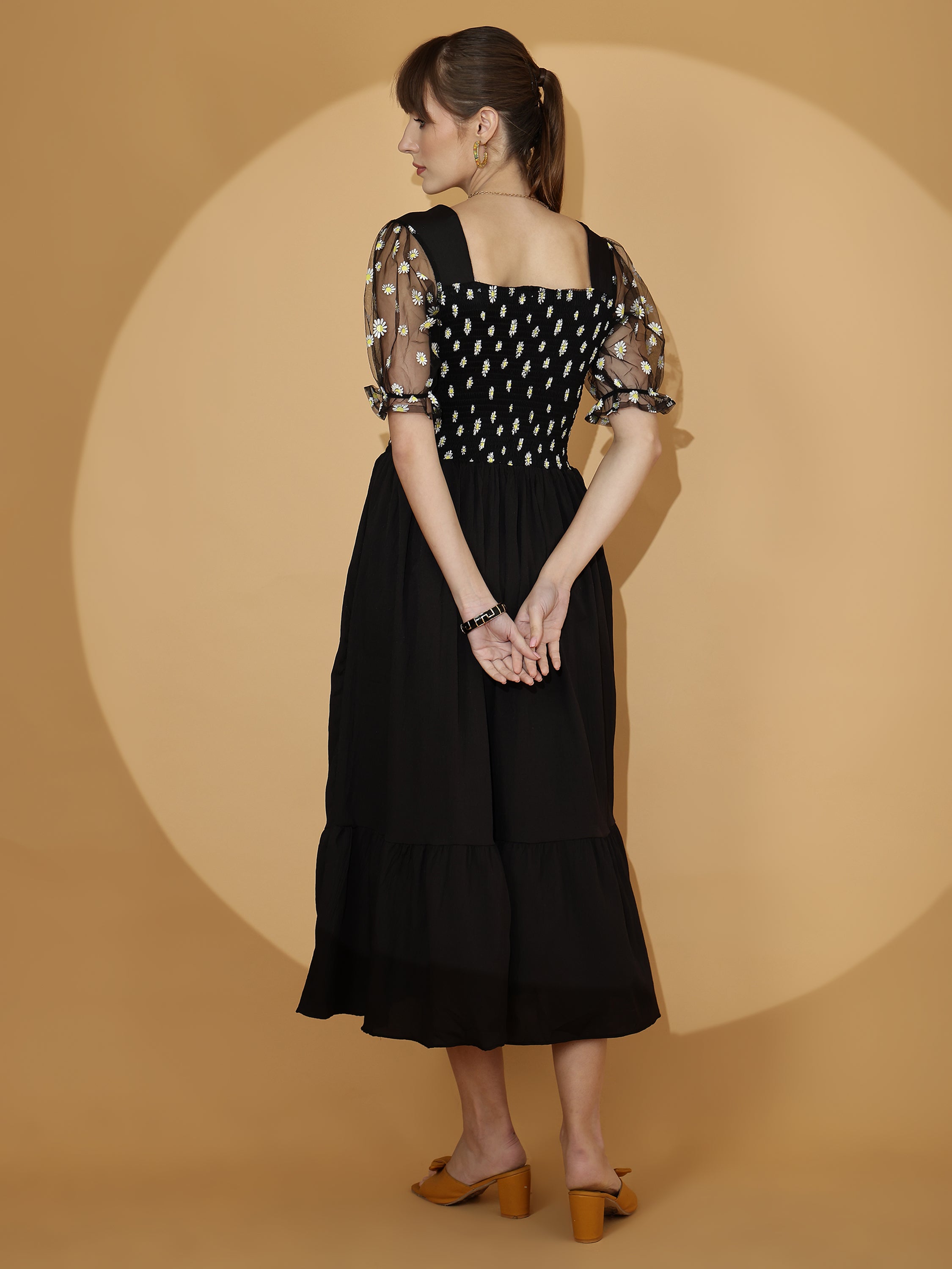 Black Smocked Midi Dress with Sheer Puff Sleeves