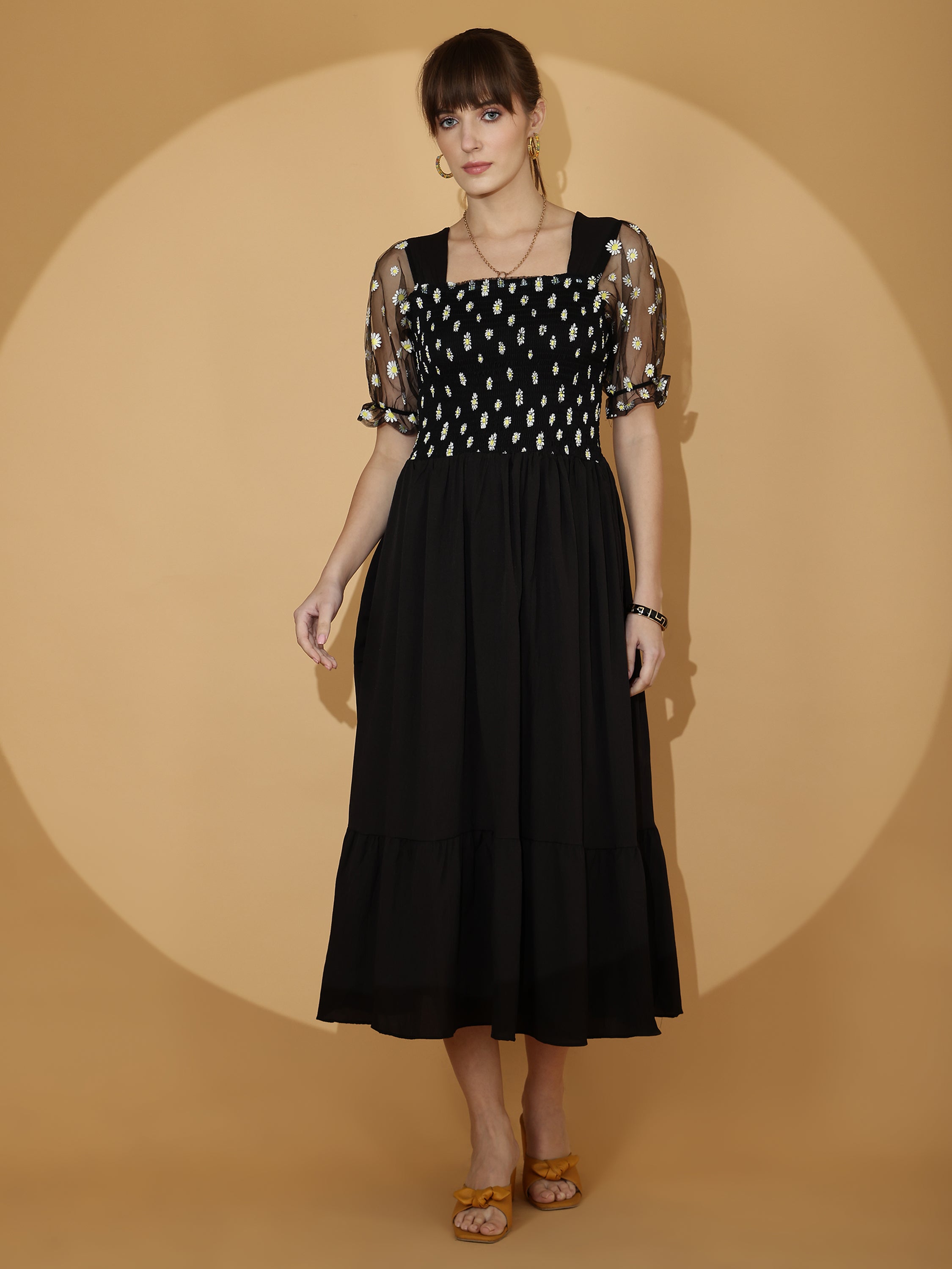 Black Smocked Midi Dress with Sheer Puff Sleeves