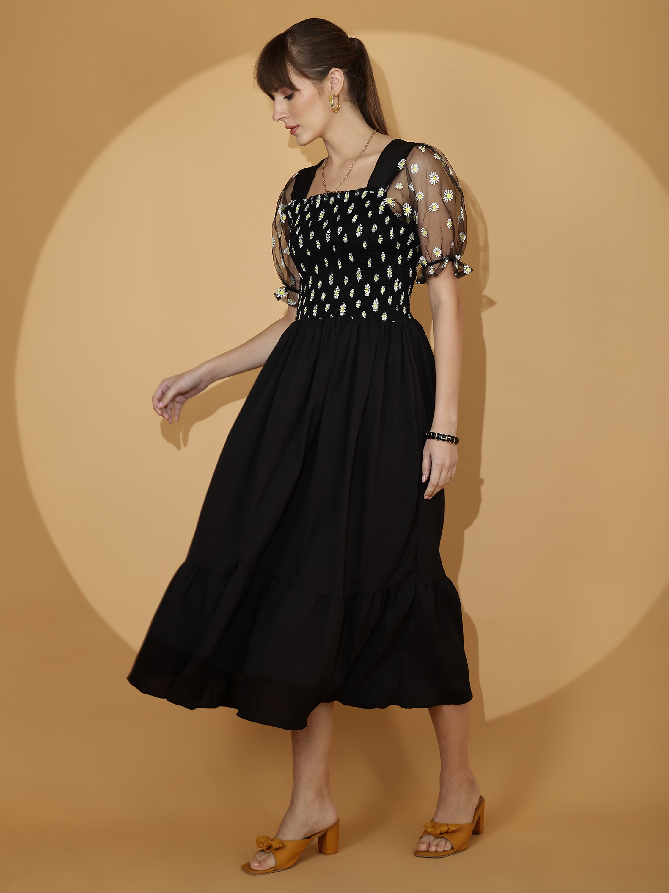 Black Smocked Midi Dress with Sheer Puff Sleeves