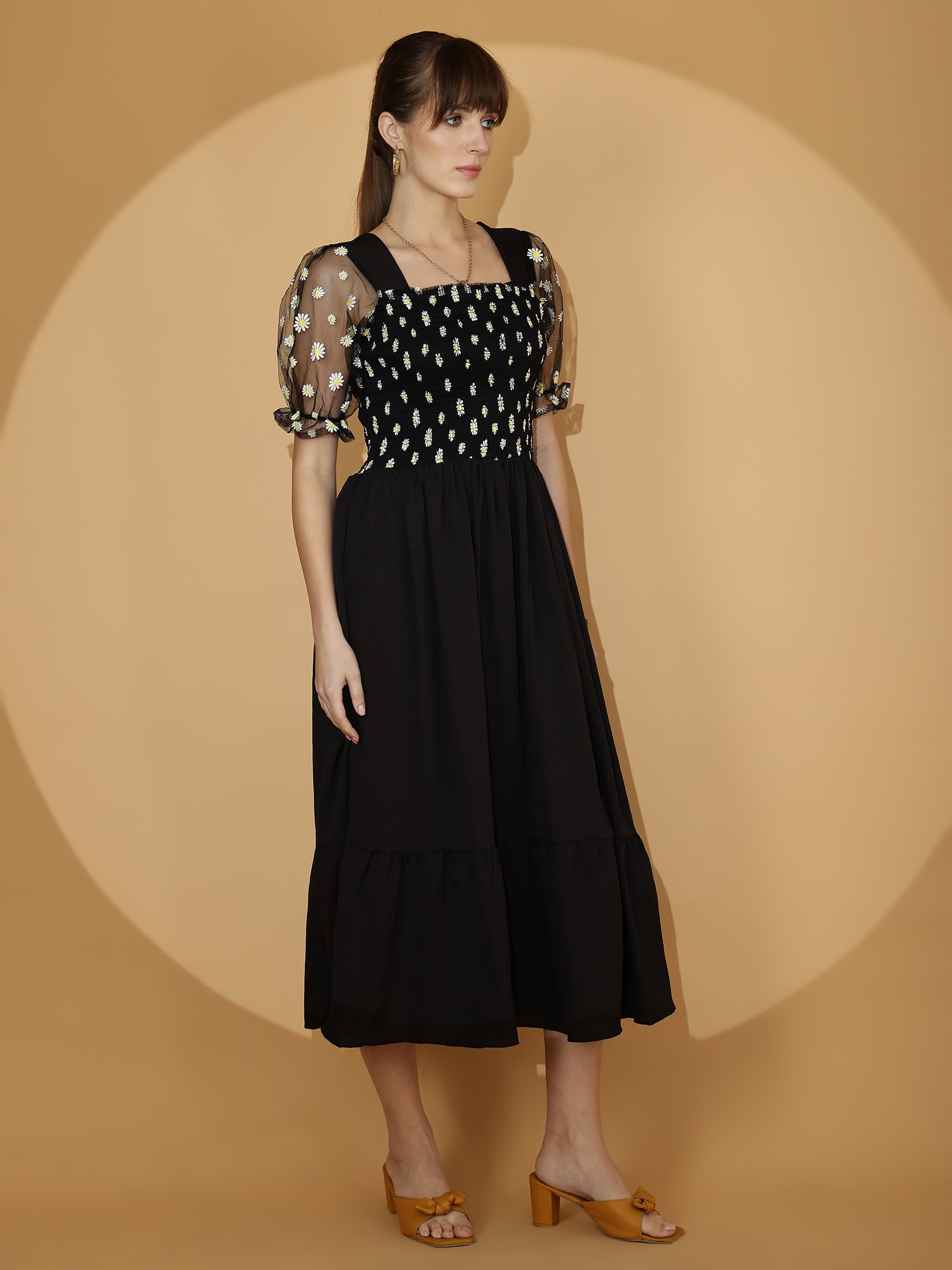 Black Smocked Midi Dress with Sheer Puff Sleeves