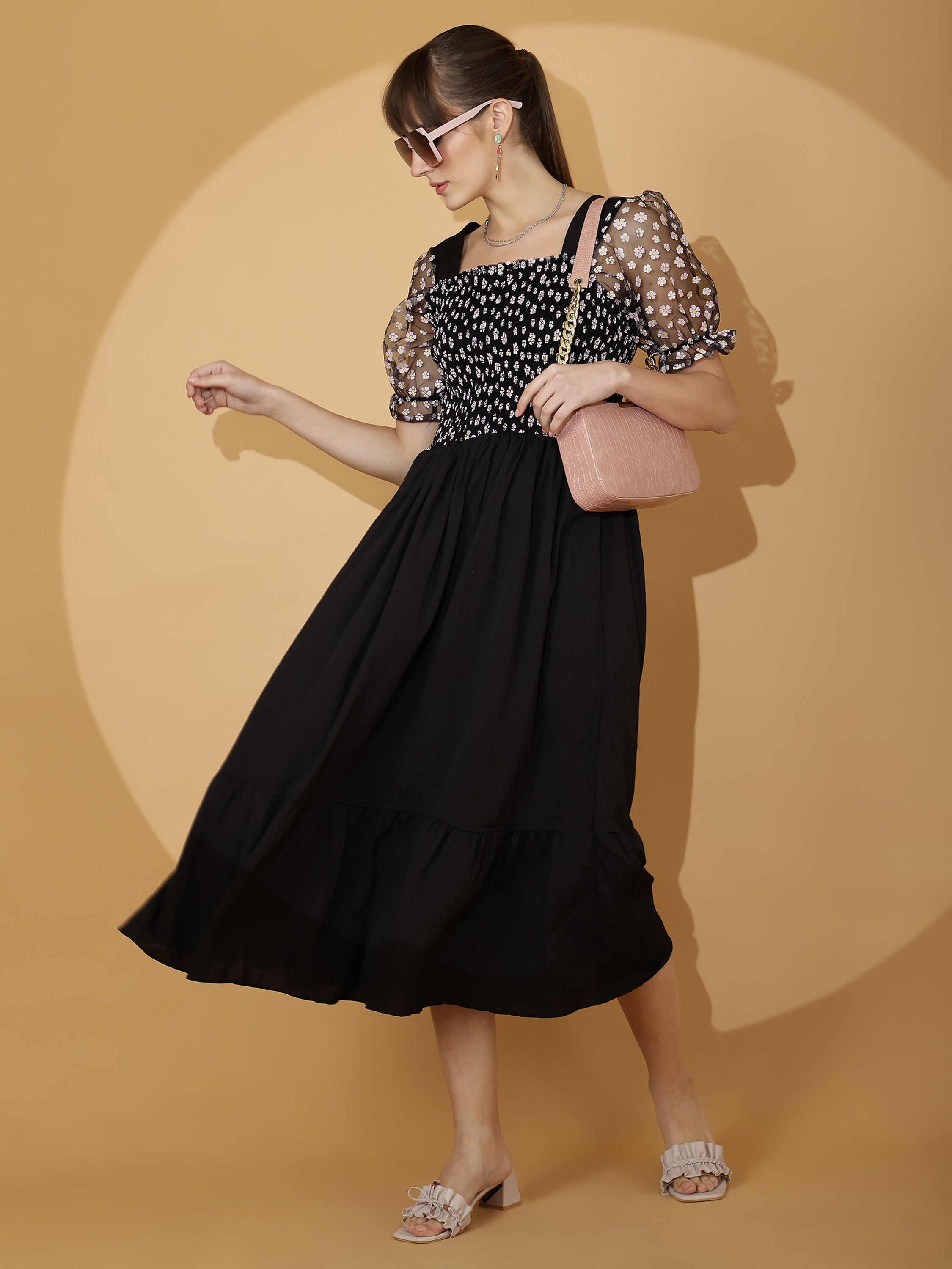 Black Smocked Midi Dress with Sheer Puff Sleeves