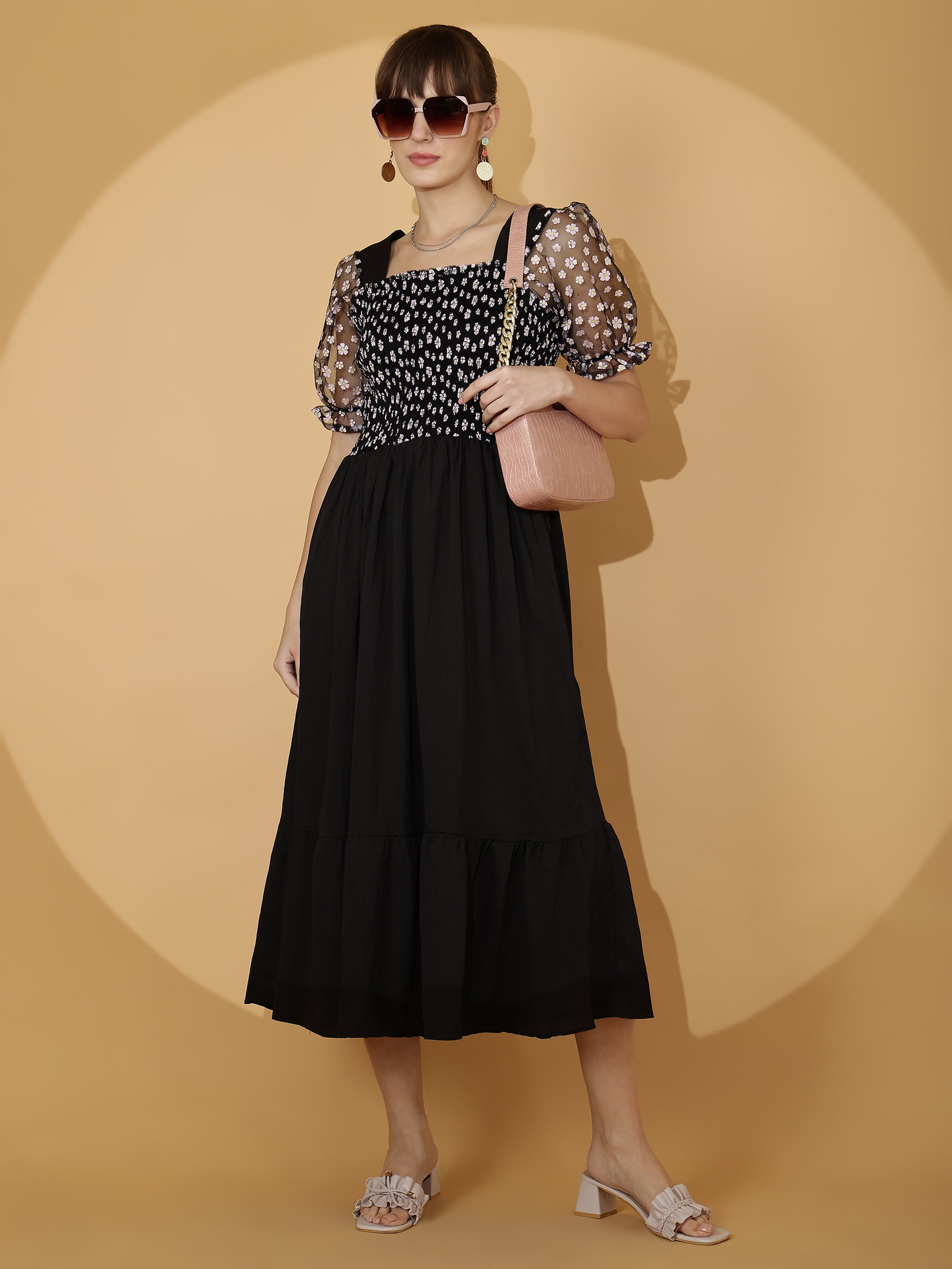 Black Smocked Midi Dress with Sheer Puff Sleeves