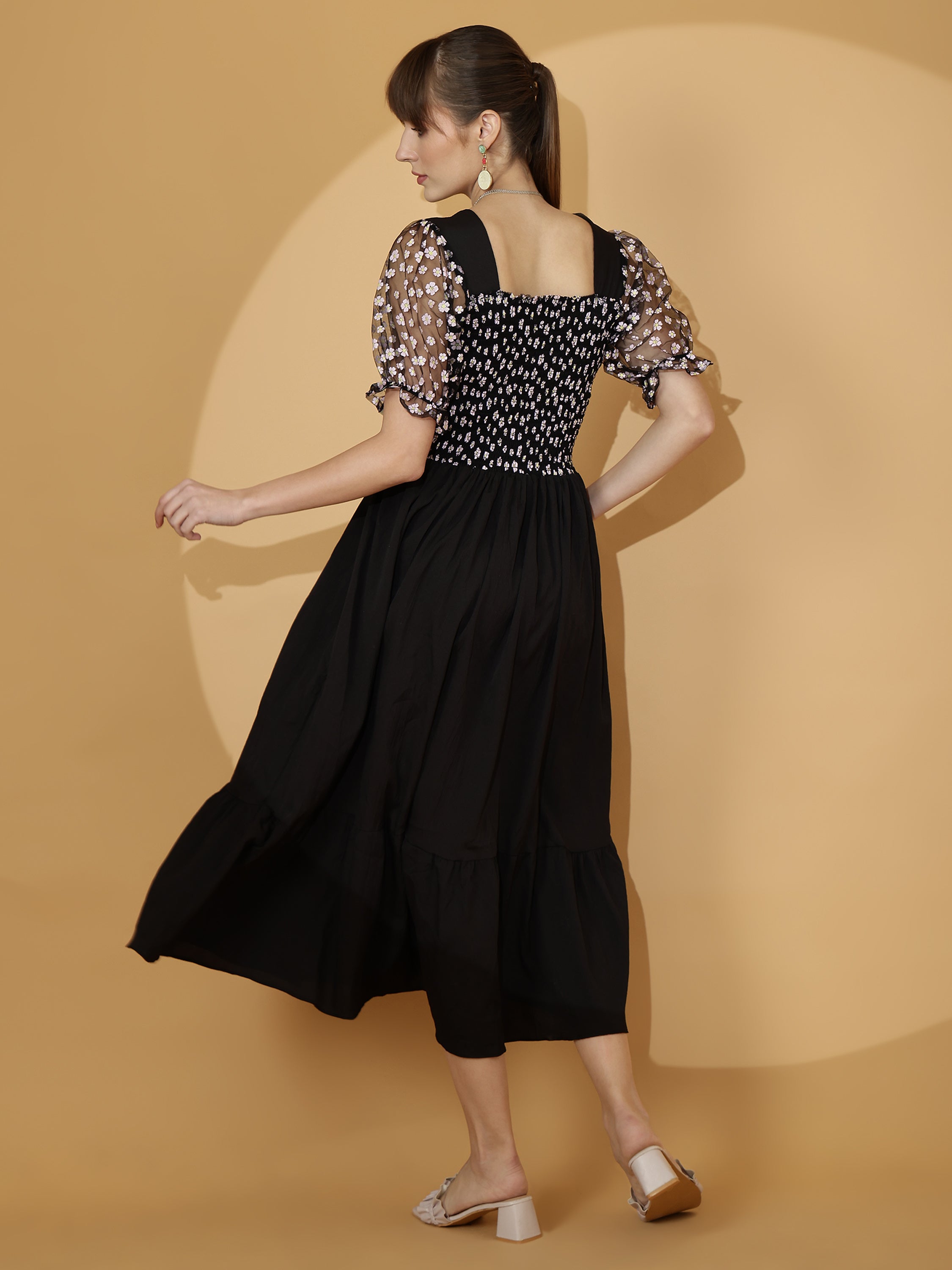 Black Smocked Midi Dress with Sheer Puff Sleeves