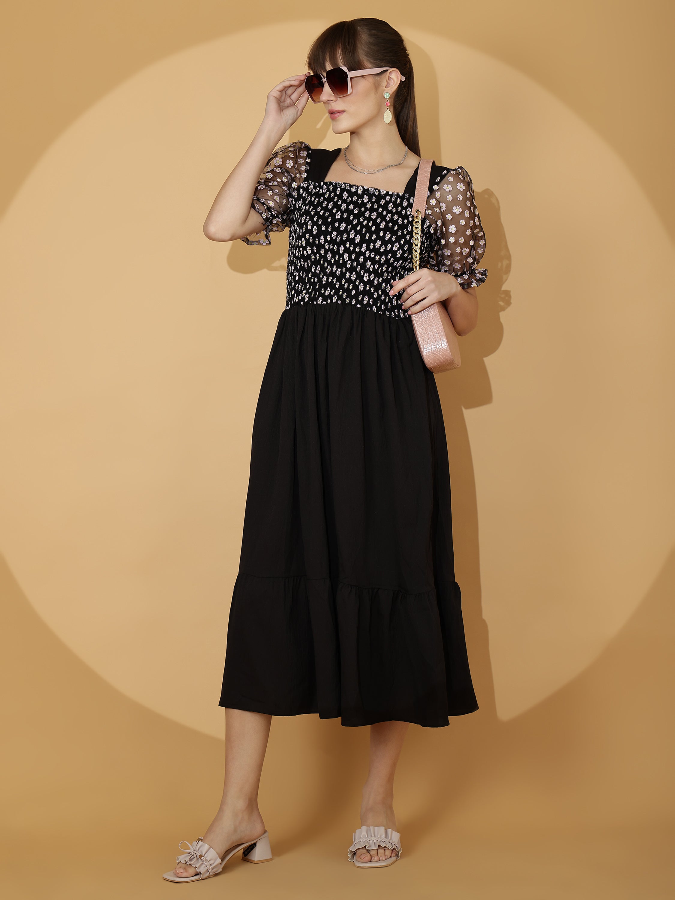 Black Smocked Midi Dress with Sheer Puff Sleeves