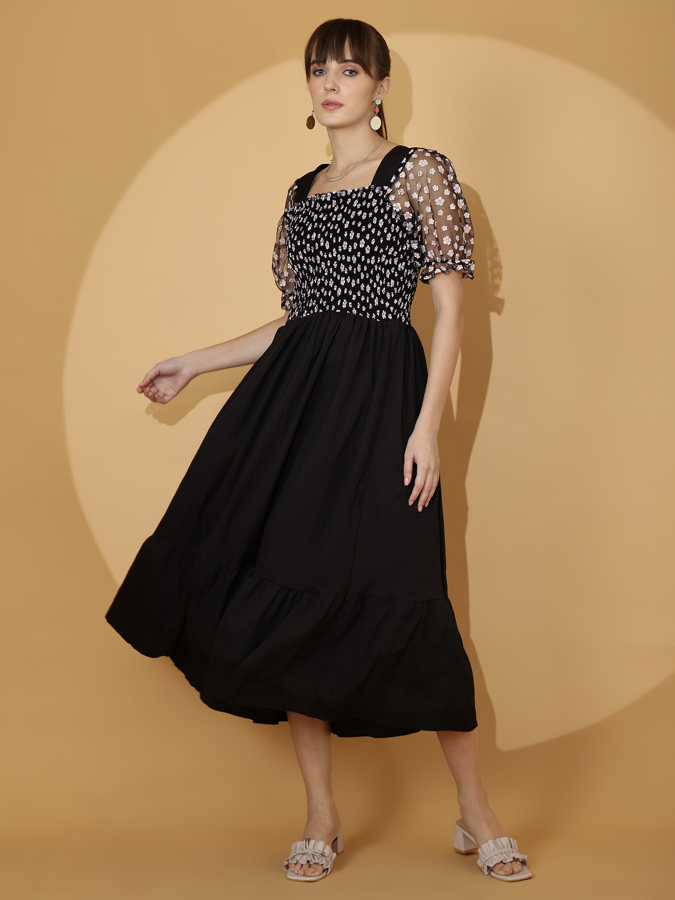 Black Smocked Midi Dress with Sheer Puff Sleeves