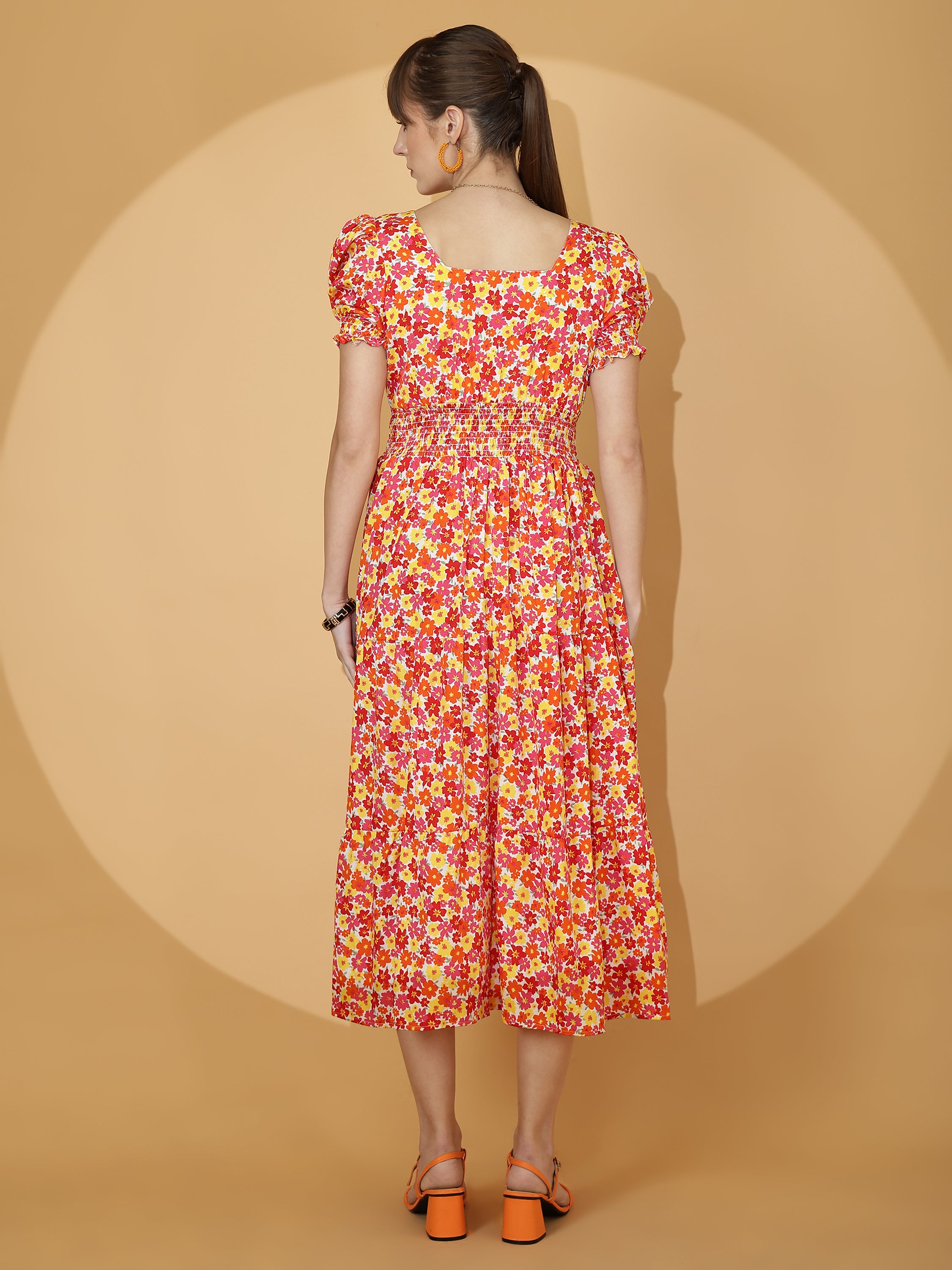 Bright Floral Printed Smocked Midi Dress