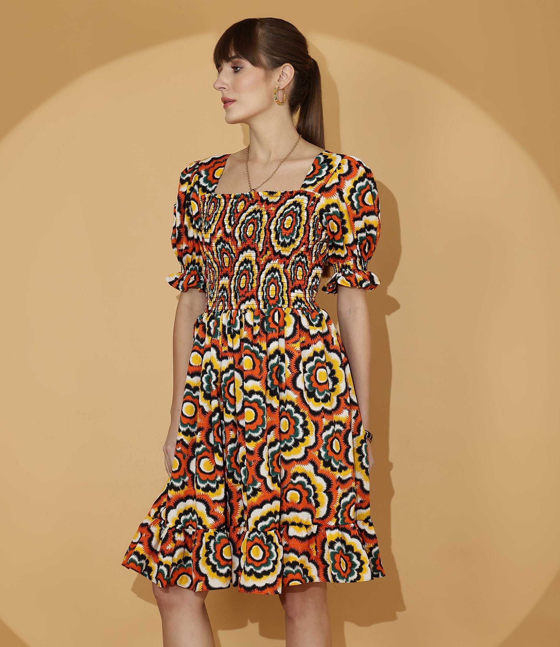 Multi-Colored Puffed Sleeve Fit & Flare Midi Dress