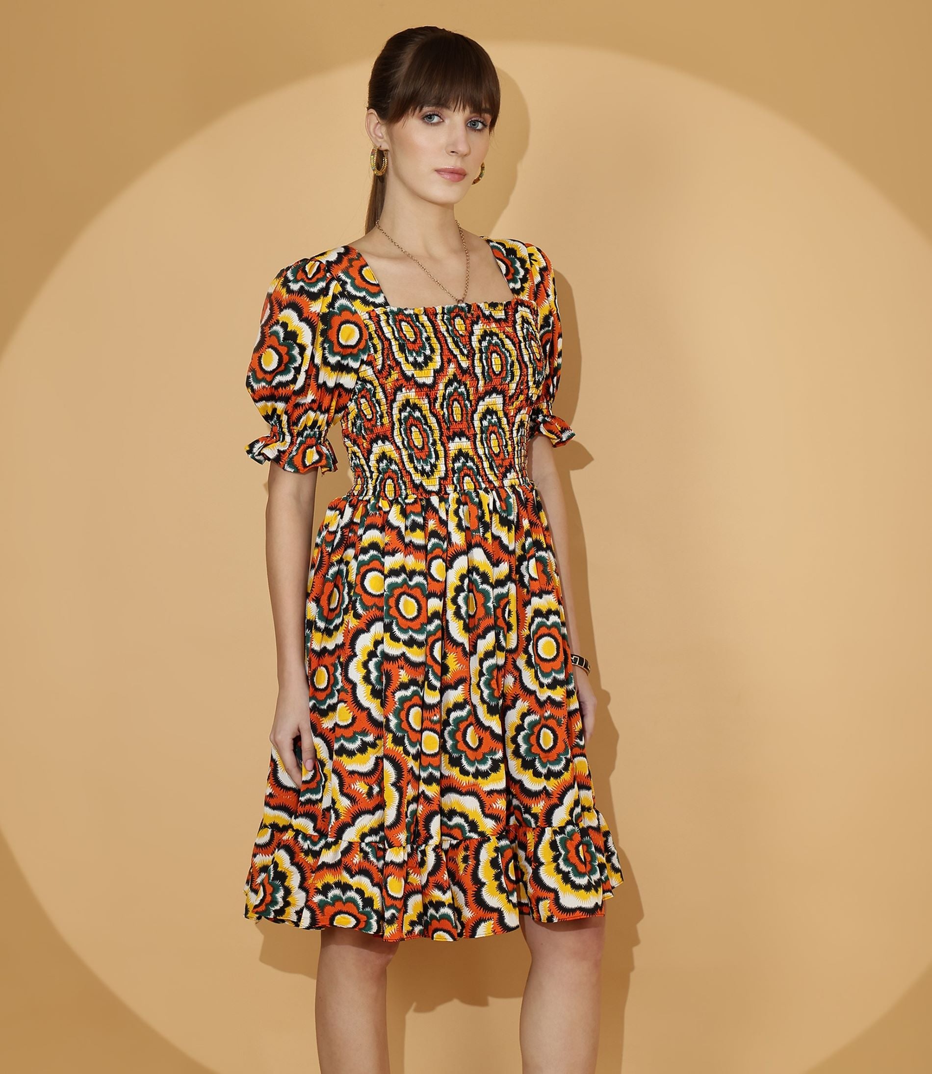 Multi-Colored Puffed Sleeve Fit & Flare Midi Dress
