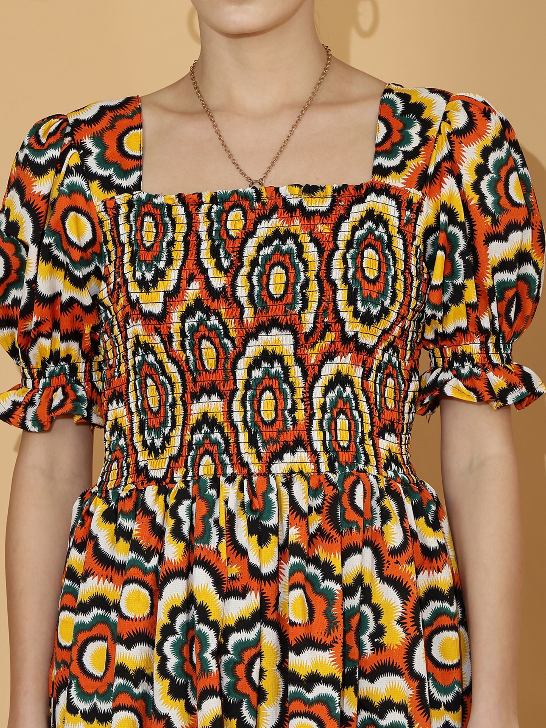 Multi-Colored Puffed Sleeve Fit & Flare Midi Dress