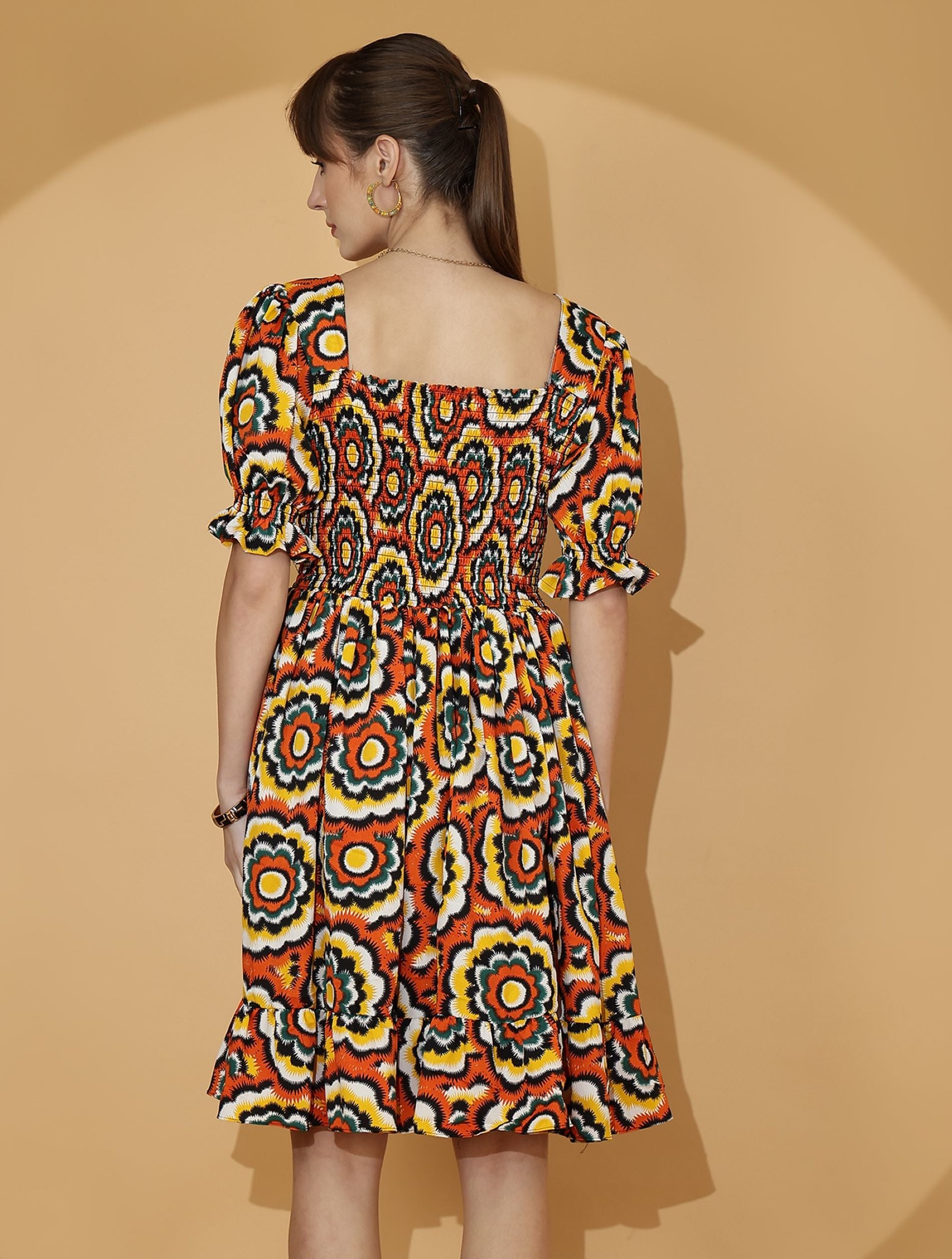 Multi-Colored Puffed Sleeve Fit & Flare Midi Dress