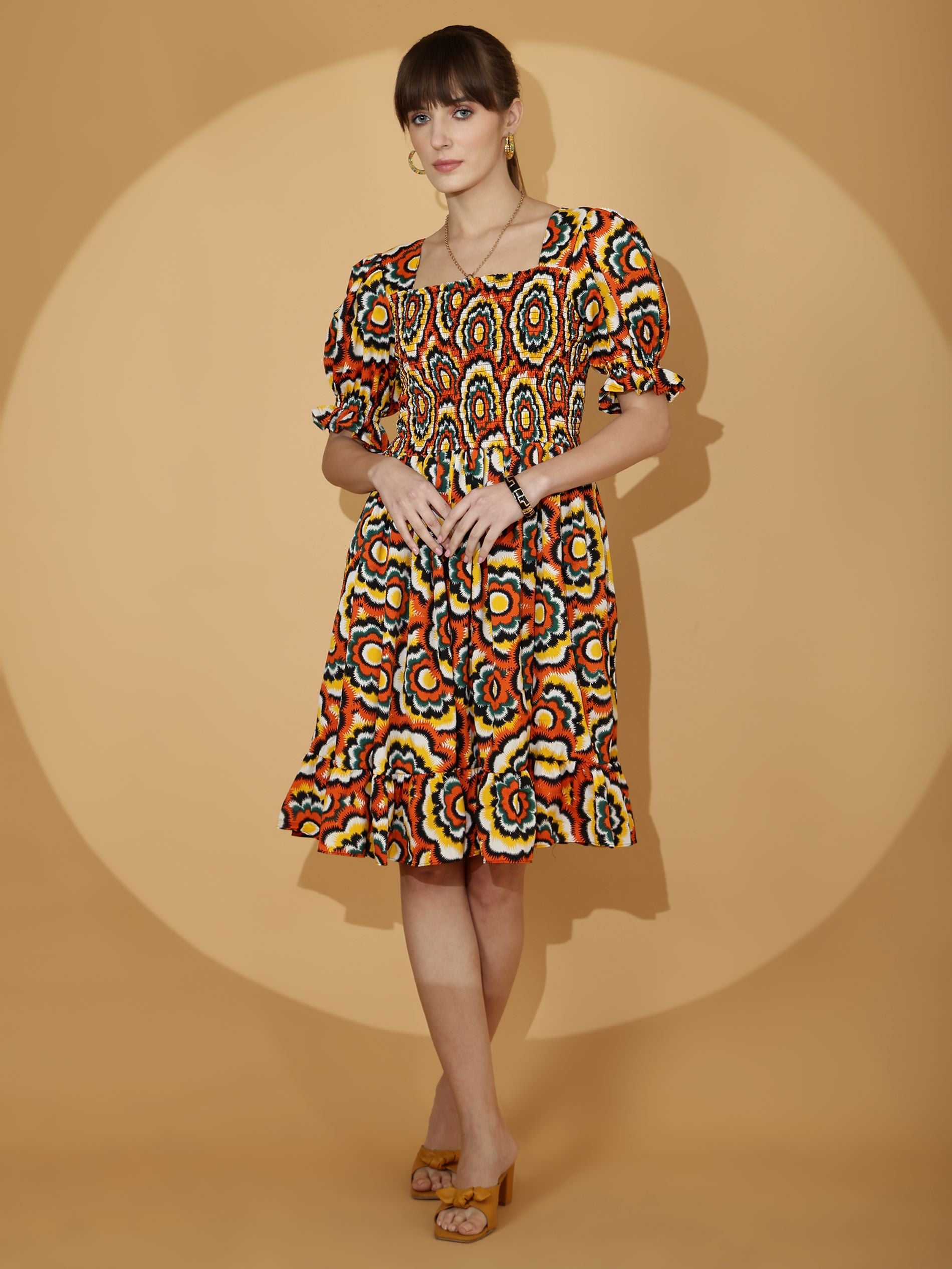 Multi-Colored Puffed Sleeve Fit & Flare Midi Dress