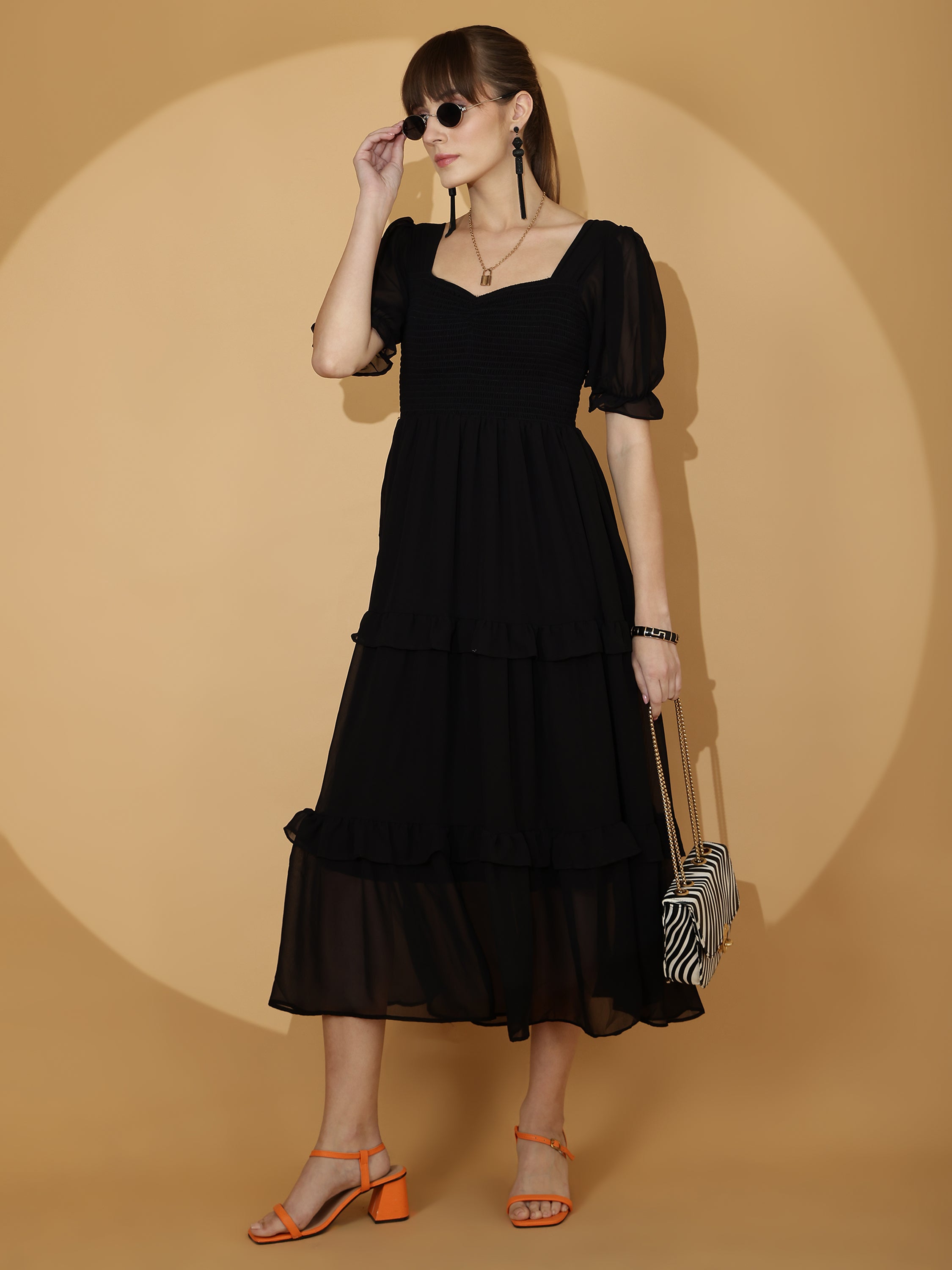 Women Black Georgette Fit & Flare Maxi Dress