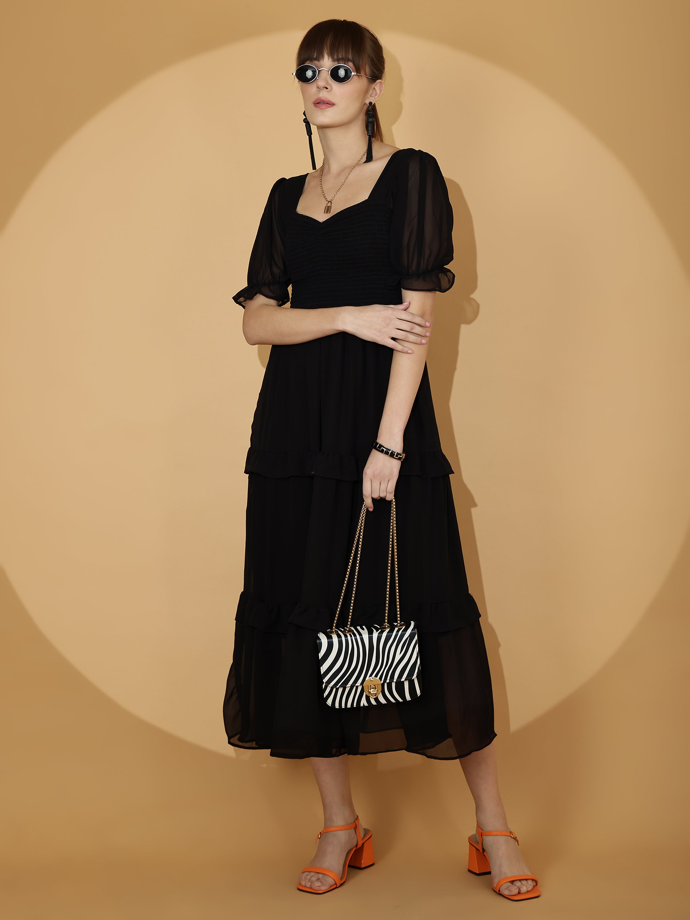 Women Black Georgette Fit & Flare Maxi Dress