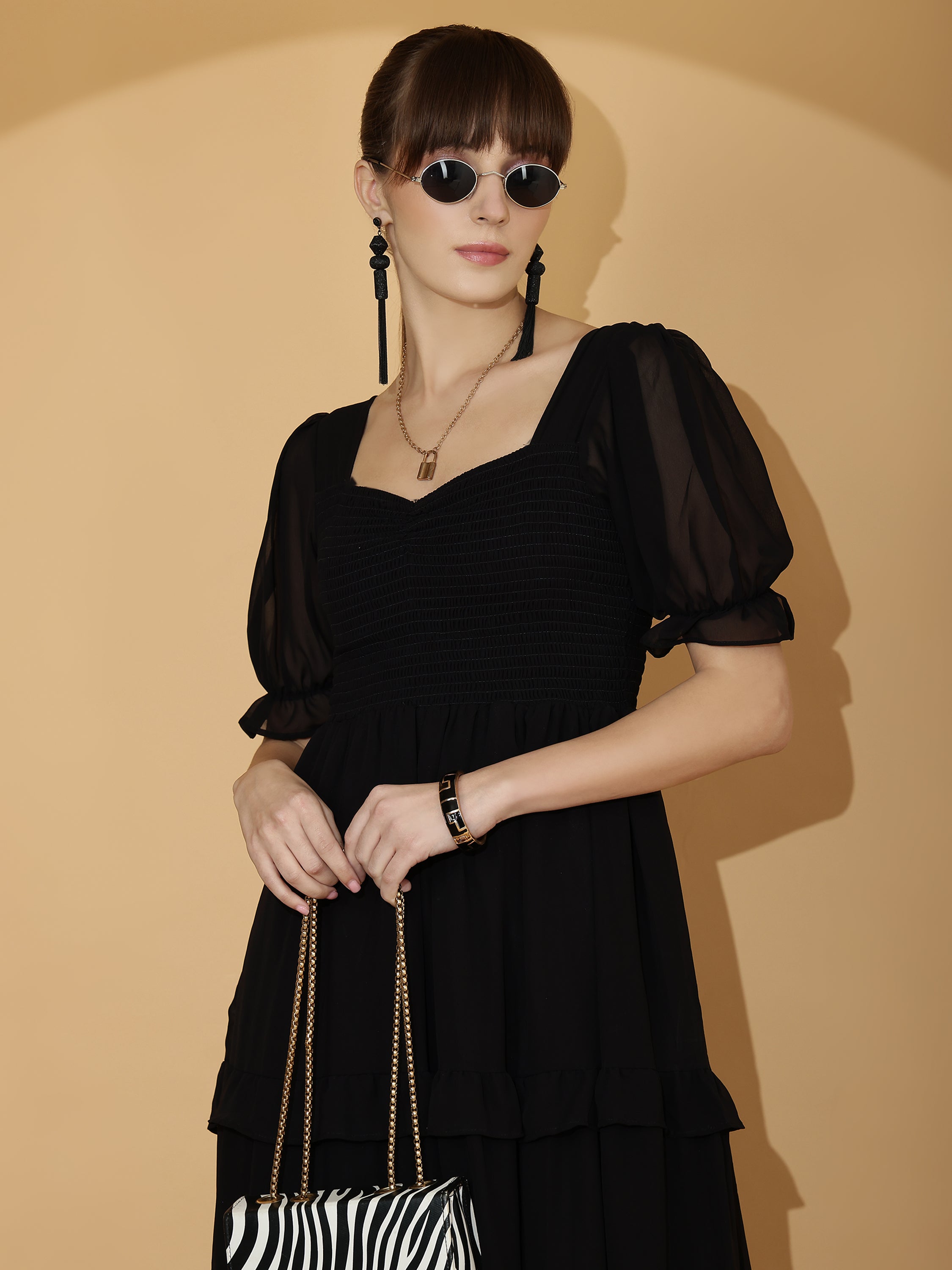 Women Black Georgette Fit & Flare Maxi Dress