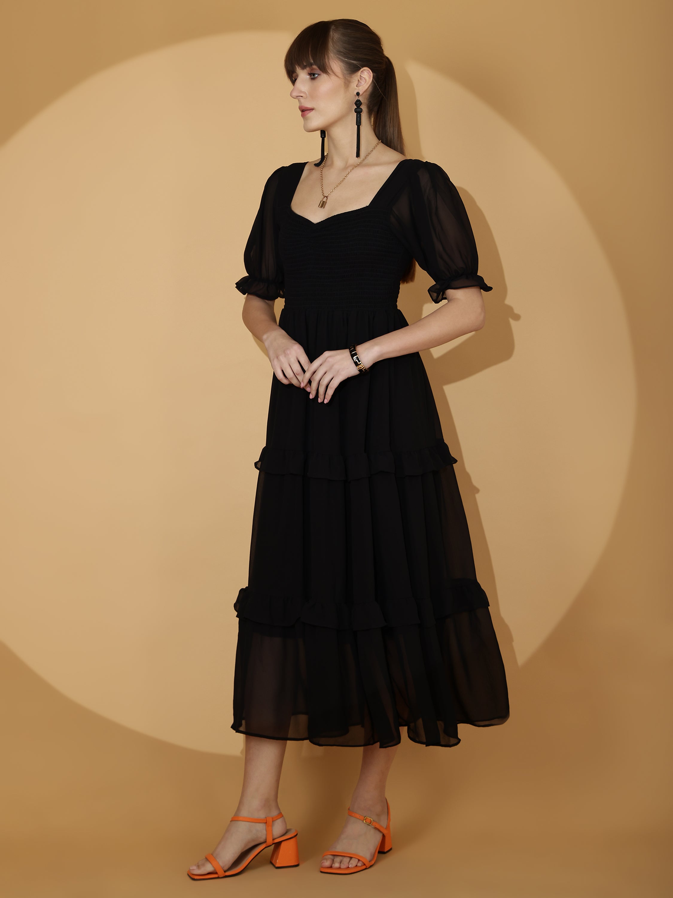 Women Black Georgette Fit & Flare Maxi Dress