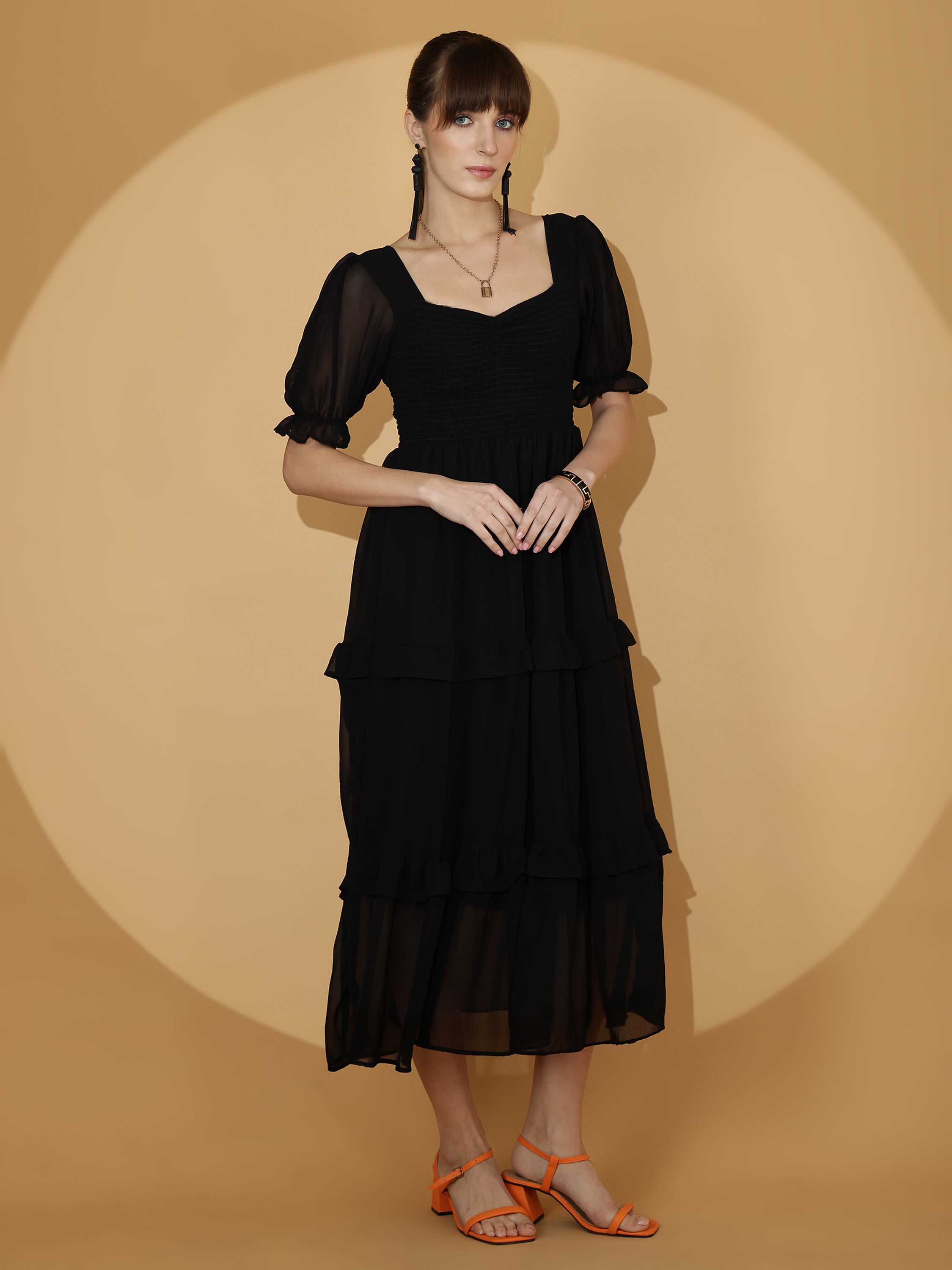 Women Black Georgette Fit & Flare Maxi Dress