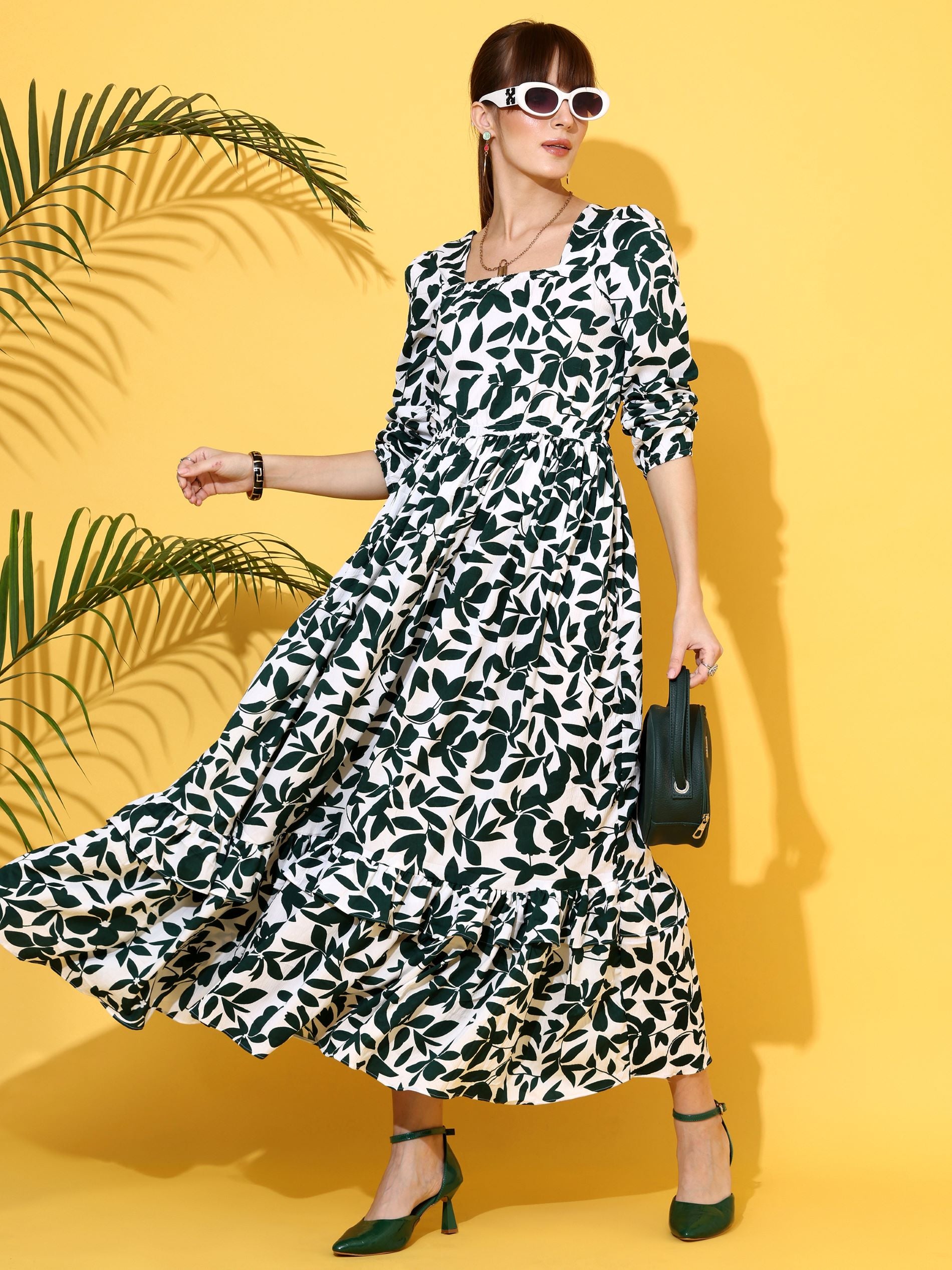 Green Printed Fit & Flare Maxi Dress
