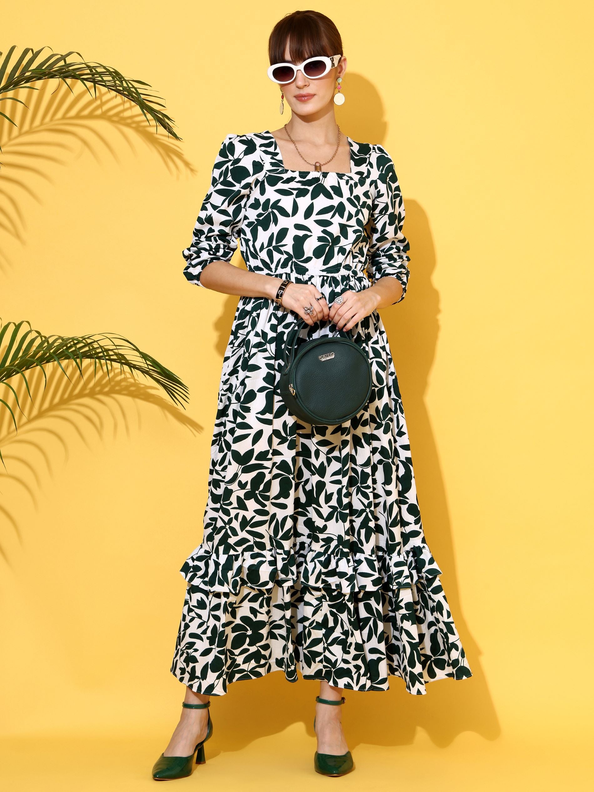 Green Printed Fit & Flare Maxi Dress