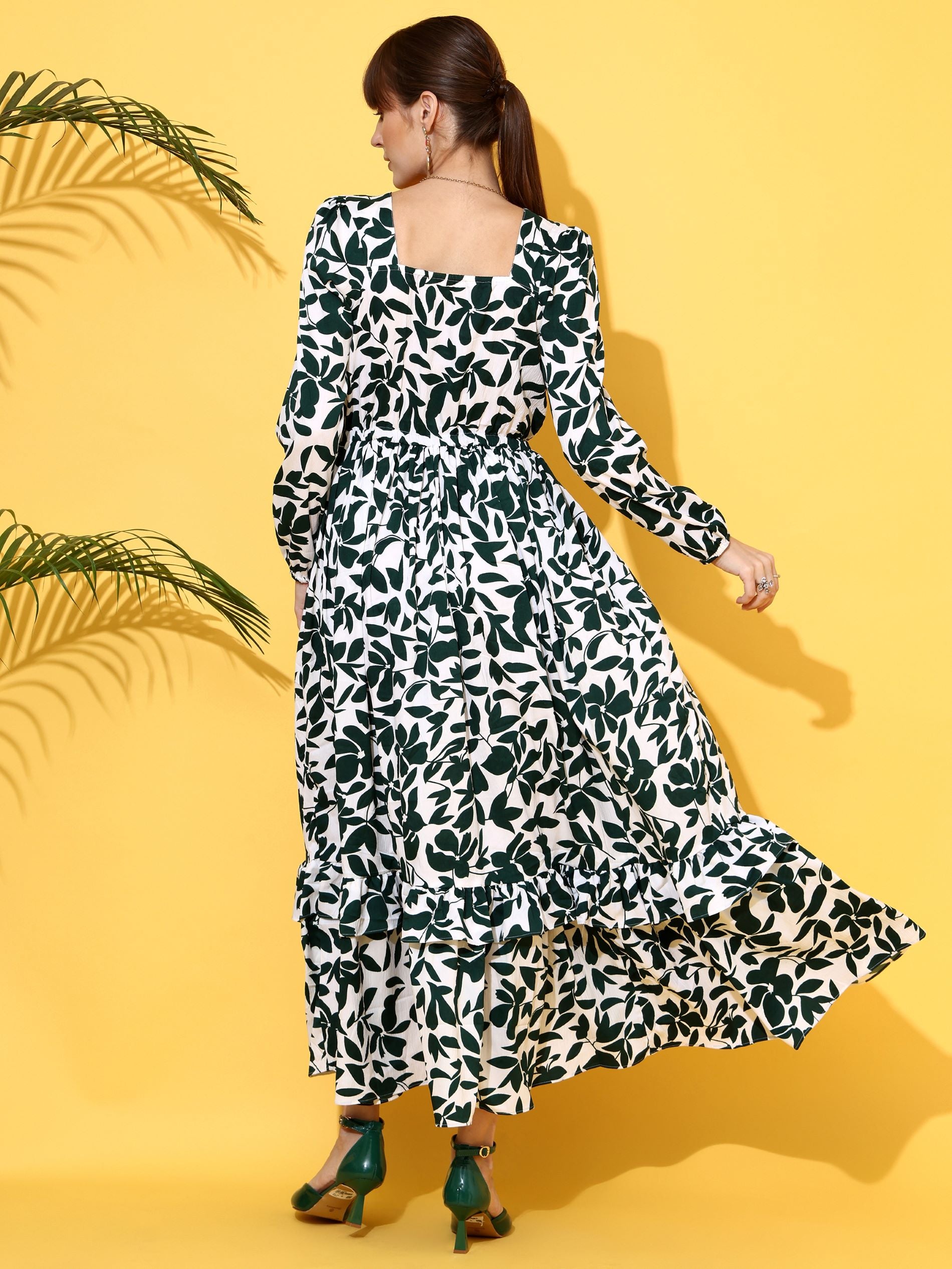 Green Printed Fit & Flare Maxi Dress