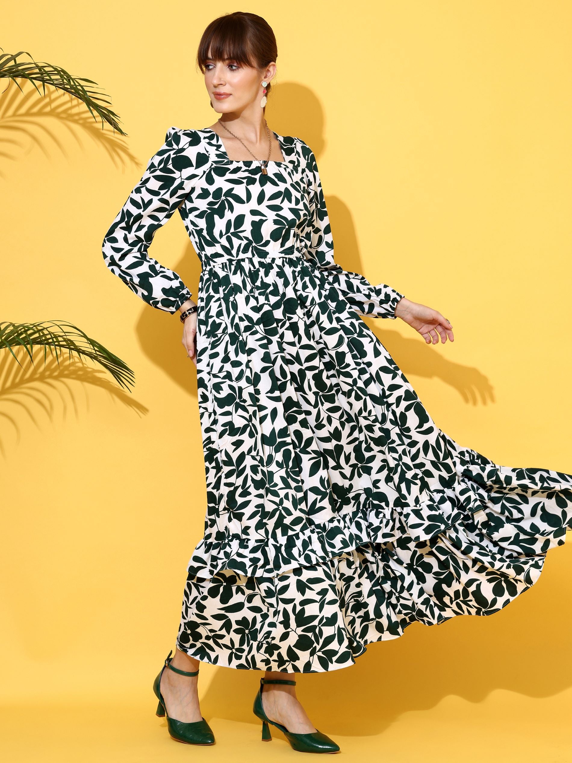 Green Printed Fit & Flare Maxi Dress