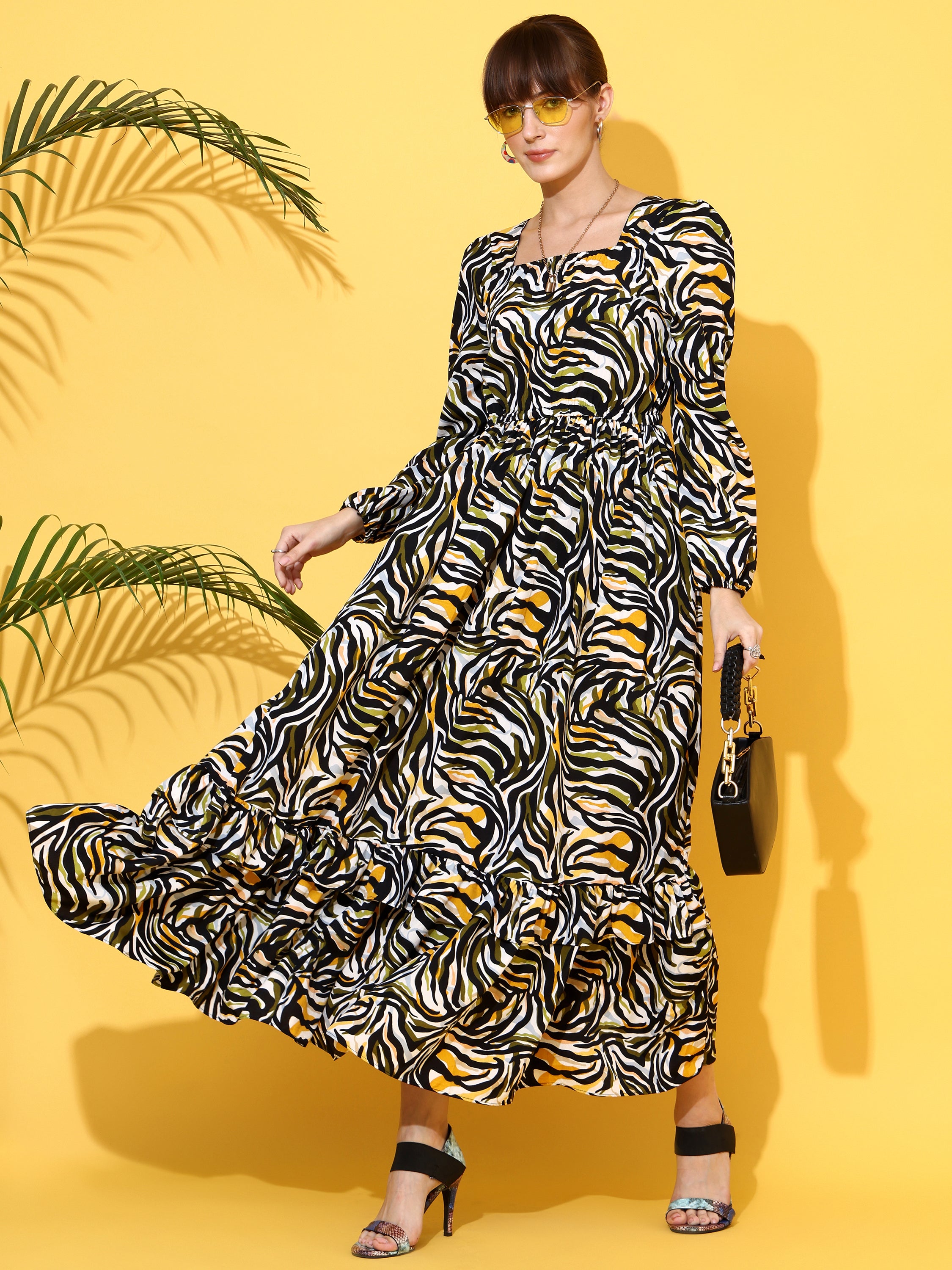 Women Multi-Colored Crepe Floral Printed Fit & Flared Maxi Dress