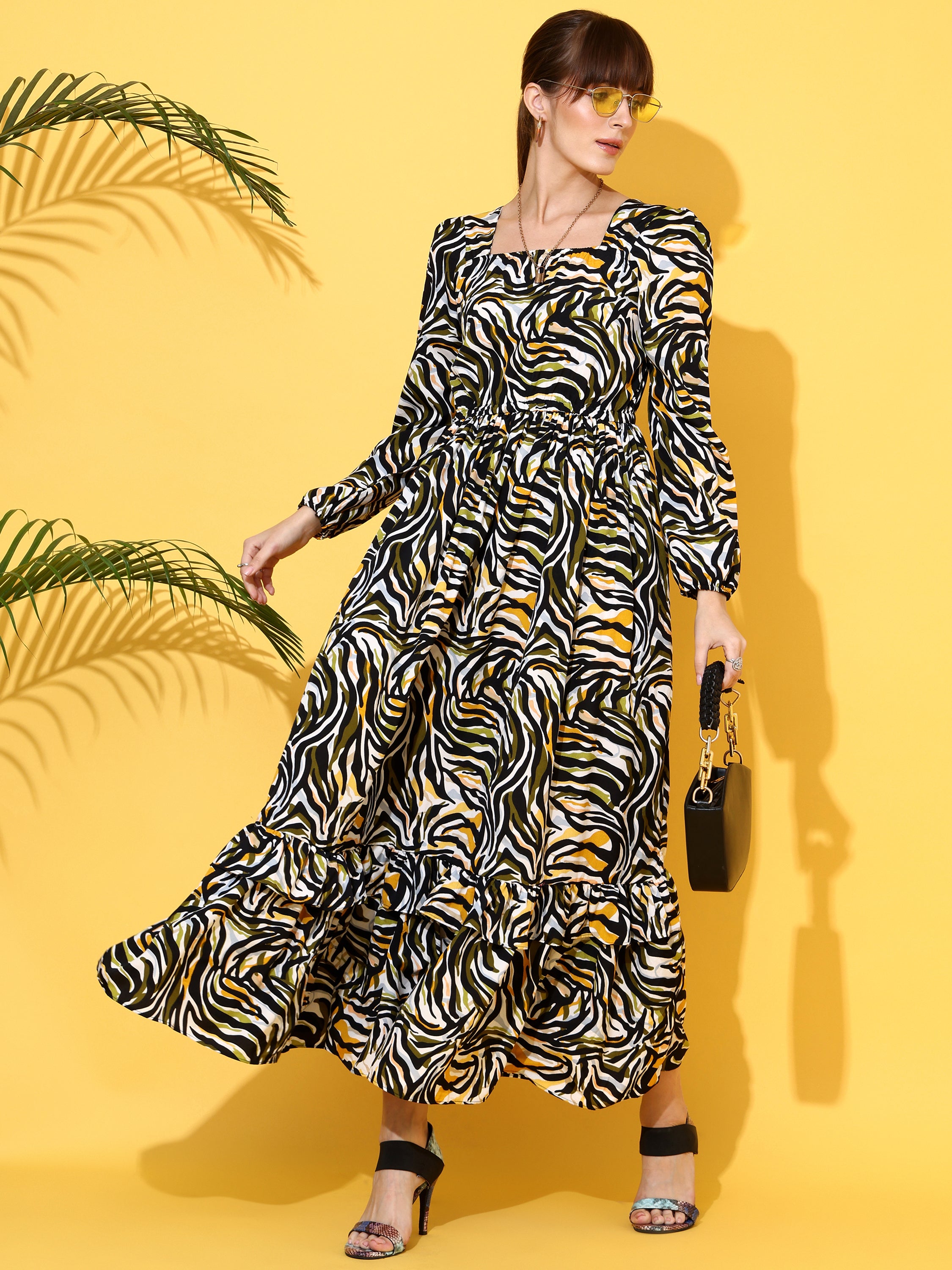 Women Multi-Colored Crepe Floral Printed Fit & Flared Maxi Dress