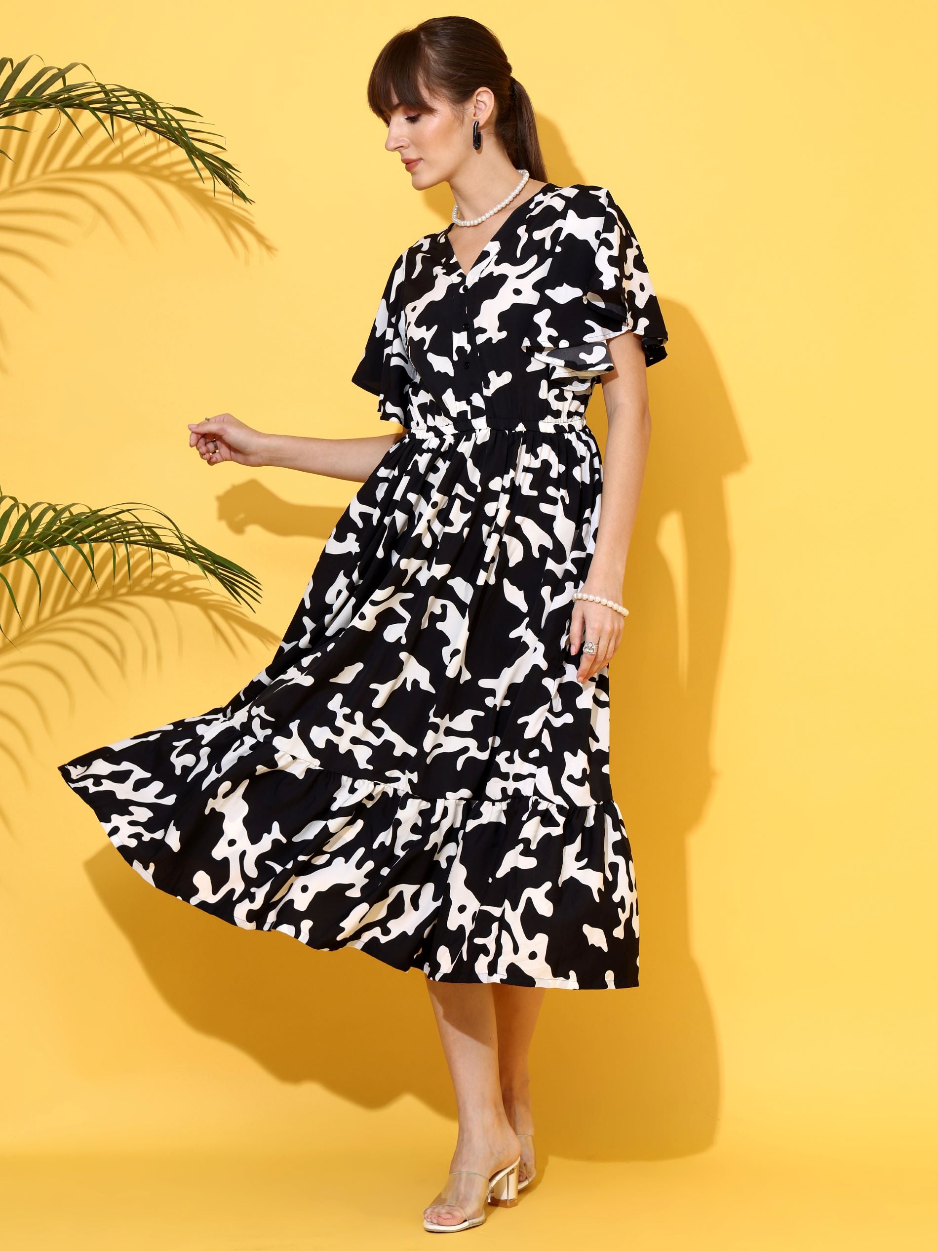 Black & White Abstract Printed Flared Sleeve Fit & Flare Midi Dress