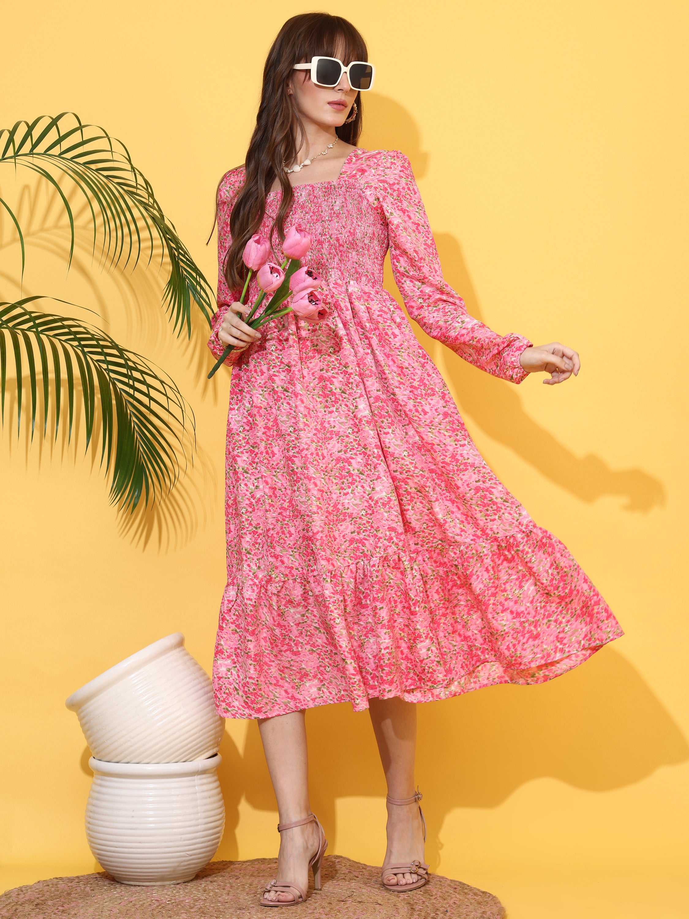Women Floral Printed Square Neck Smocked Fit & Flare Midi Dress with Full Sleeves