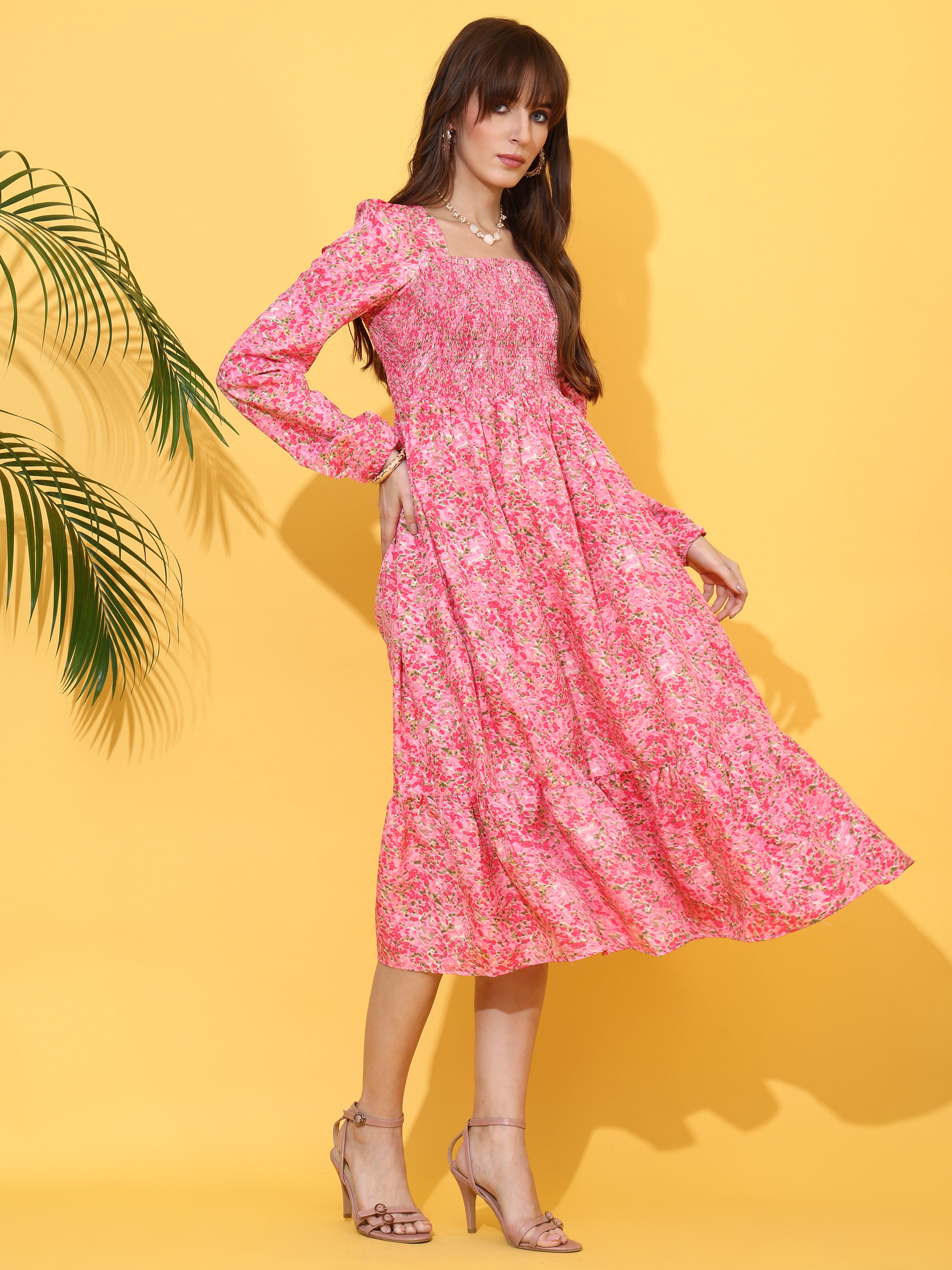 Women Floral Printed Square Neck Smocked Fit & Flare Midi Dress with Full Sleeves