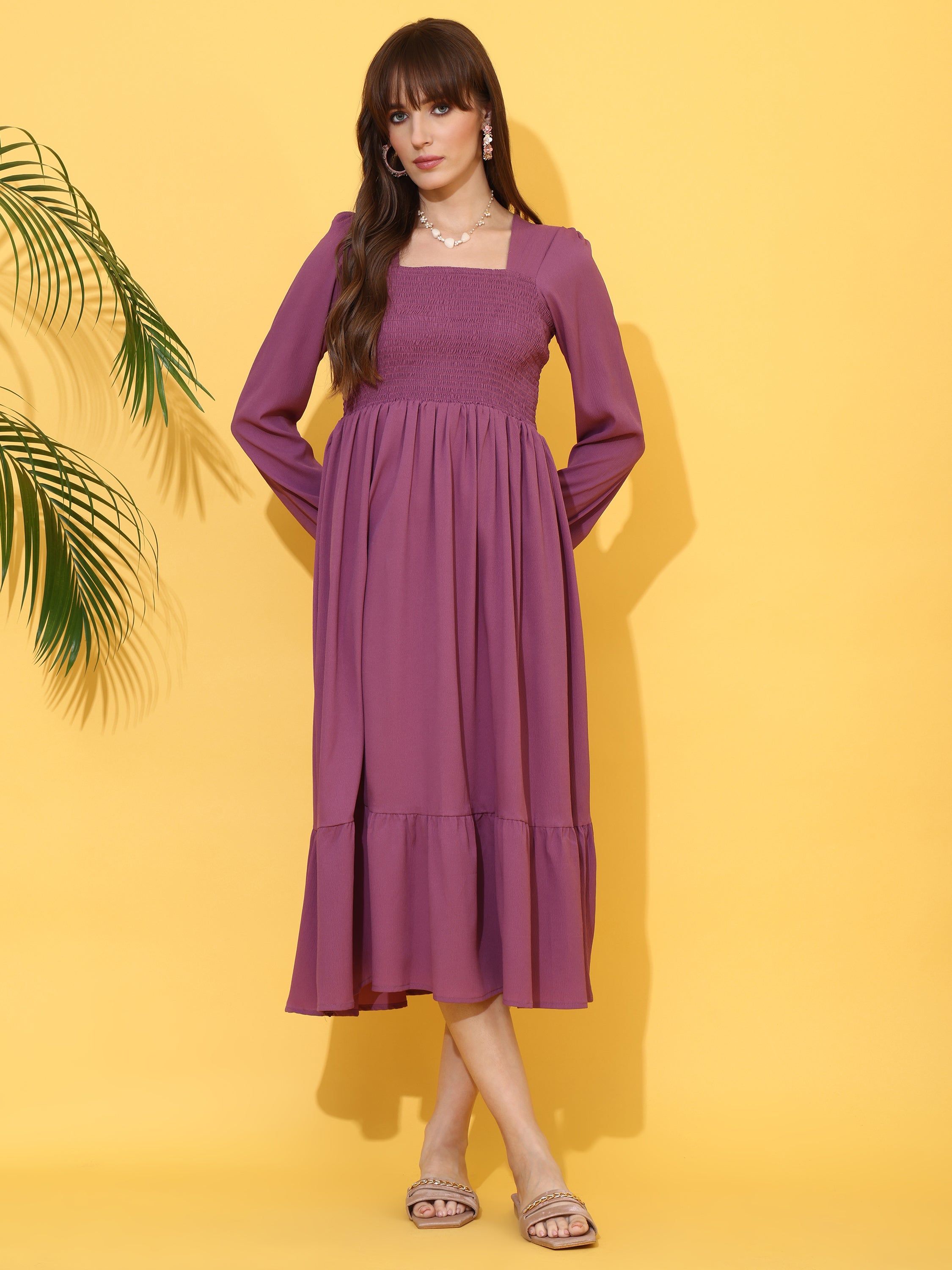 Purple Fit And Flare Maxi Dress With Full Sleeves