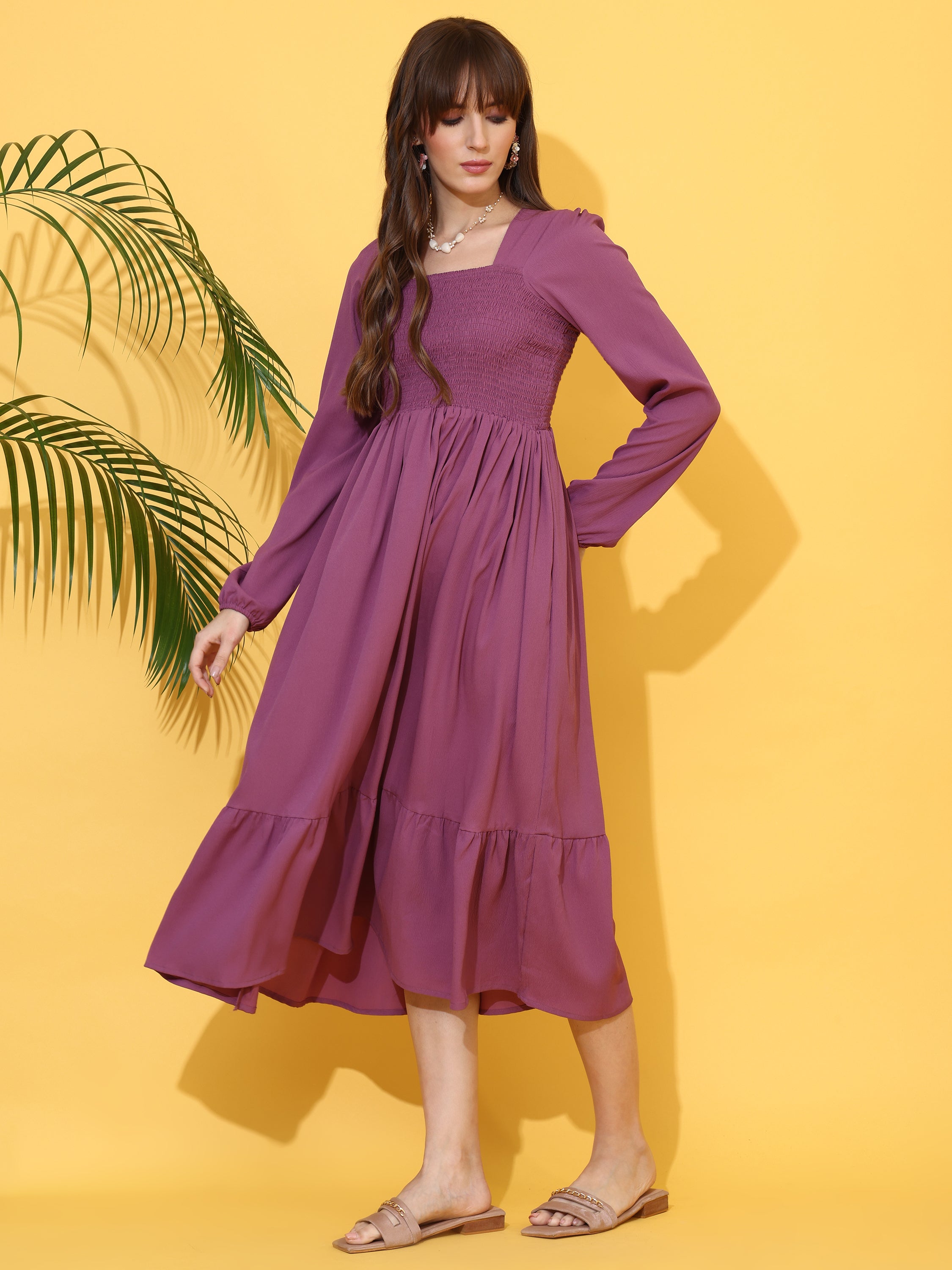 Purple Fit And Flare Maxi Dress With Full Sleeves