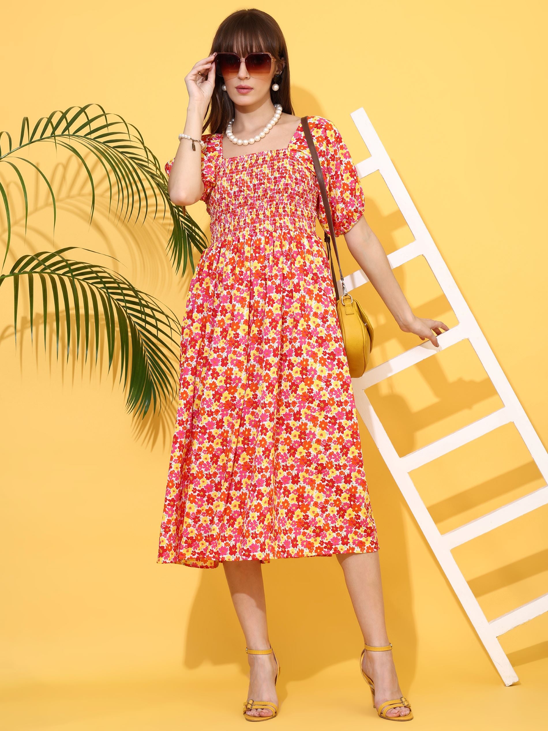 Orange Square Neck Fit & Flare Midi Dress