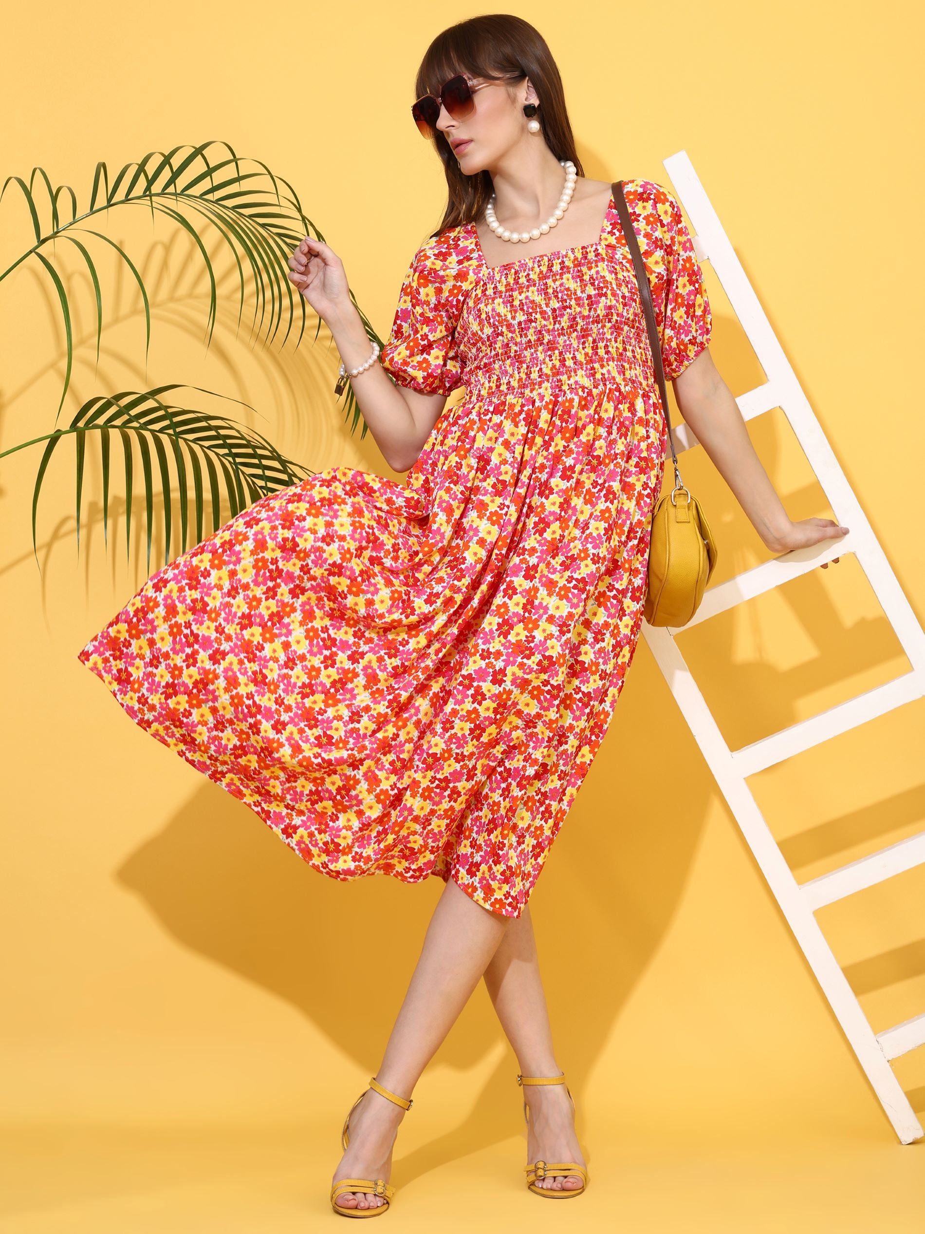 Orange Square Neck Fit & Flare Midi Dress
