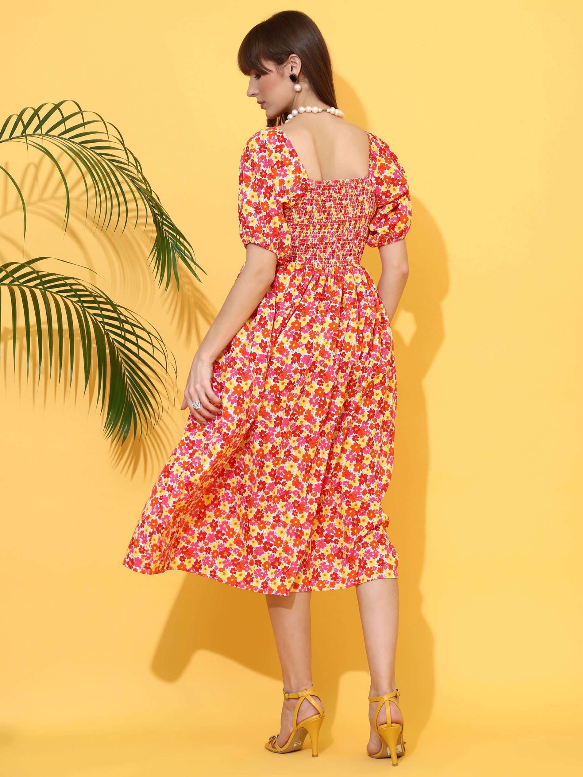 Orange Square Neck Fit & Flare Midi Dress
