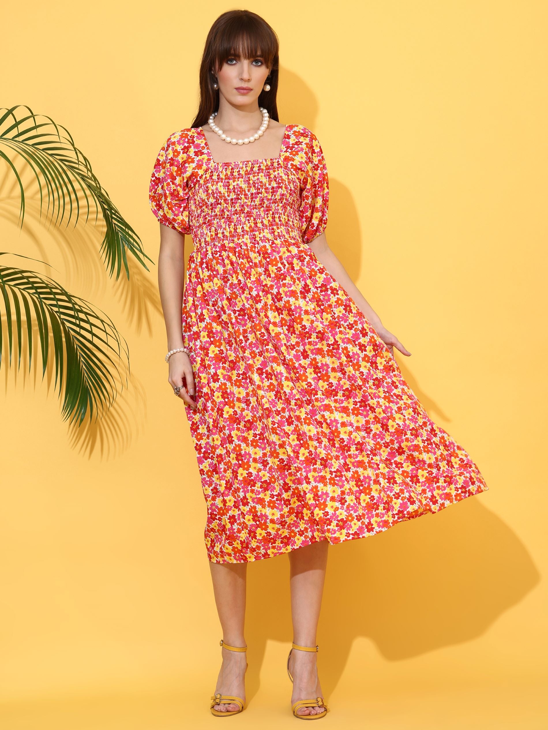 Orange Square Neck Fit & Flare Midi Dress