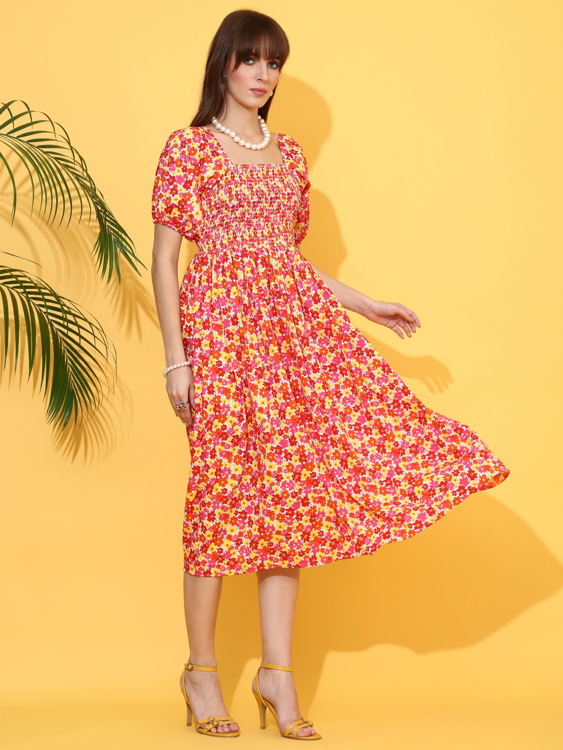 Orange Square Neck Fit & Flare Midi Dress