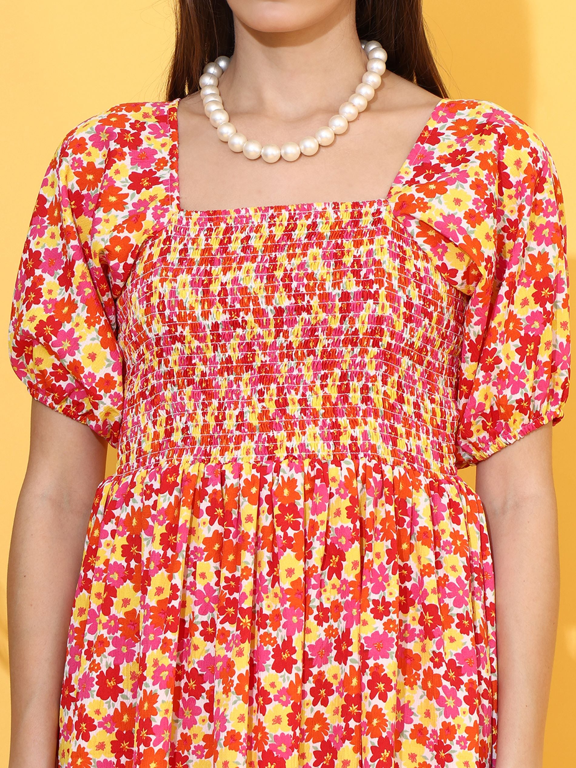 Orange Square Neck Fit & Flare Midi Dress