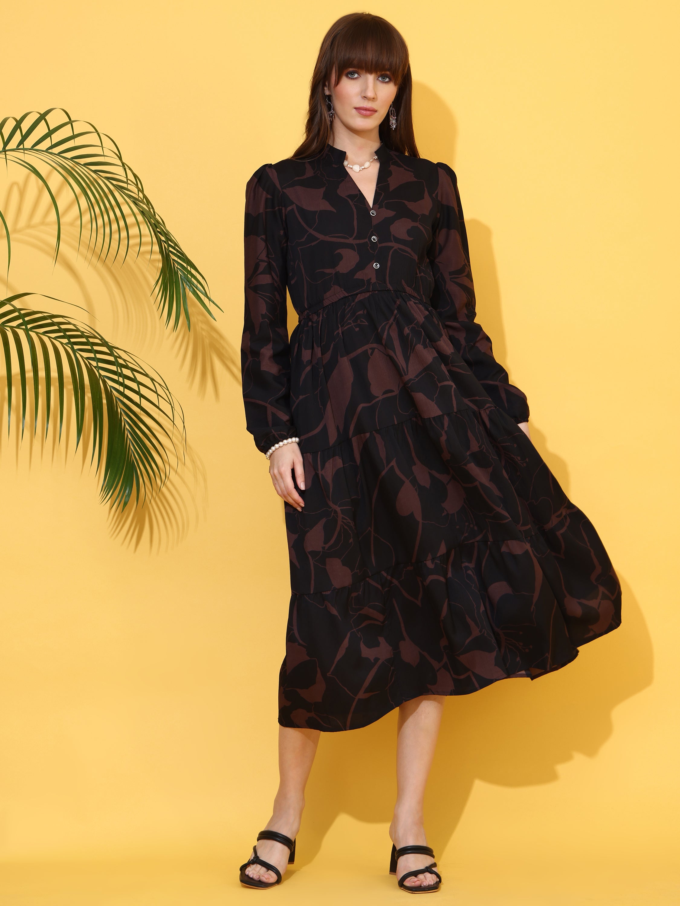 Black And Brown Abstract Printed Midi/Calf Length Dress