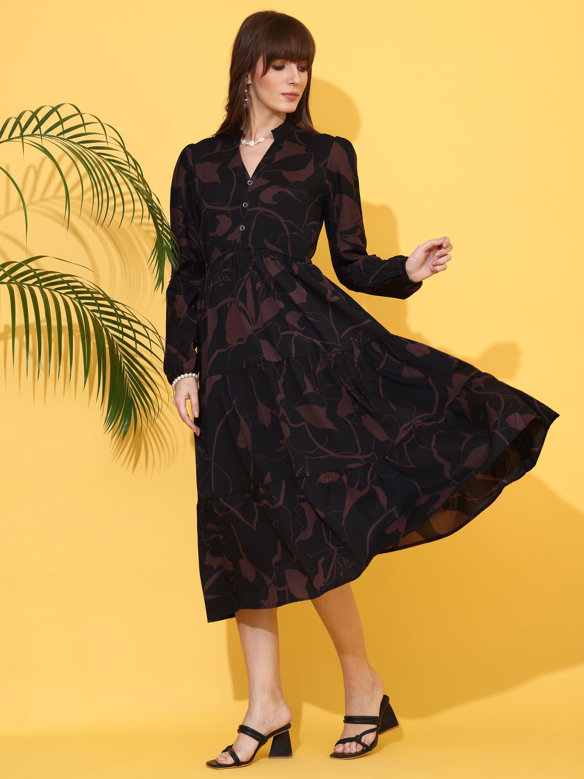 Black And Brown Abstract Printed Midi/Calf Length Dress