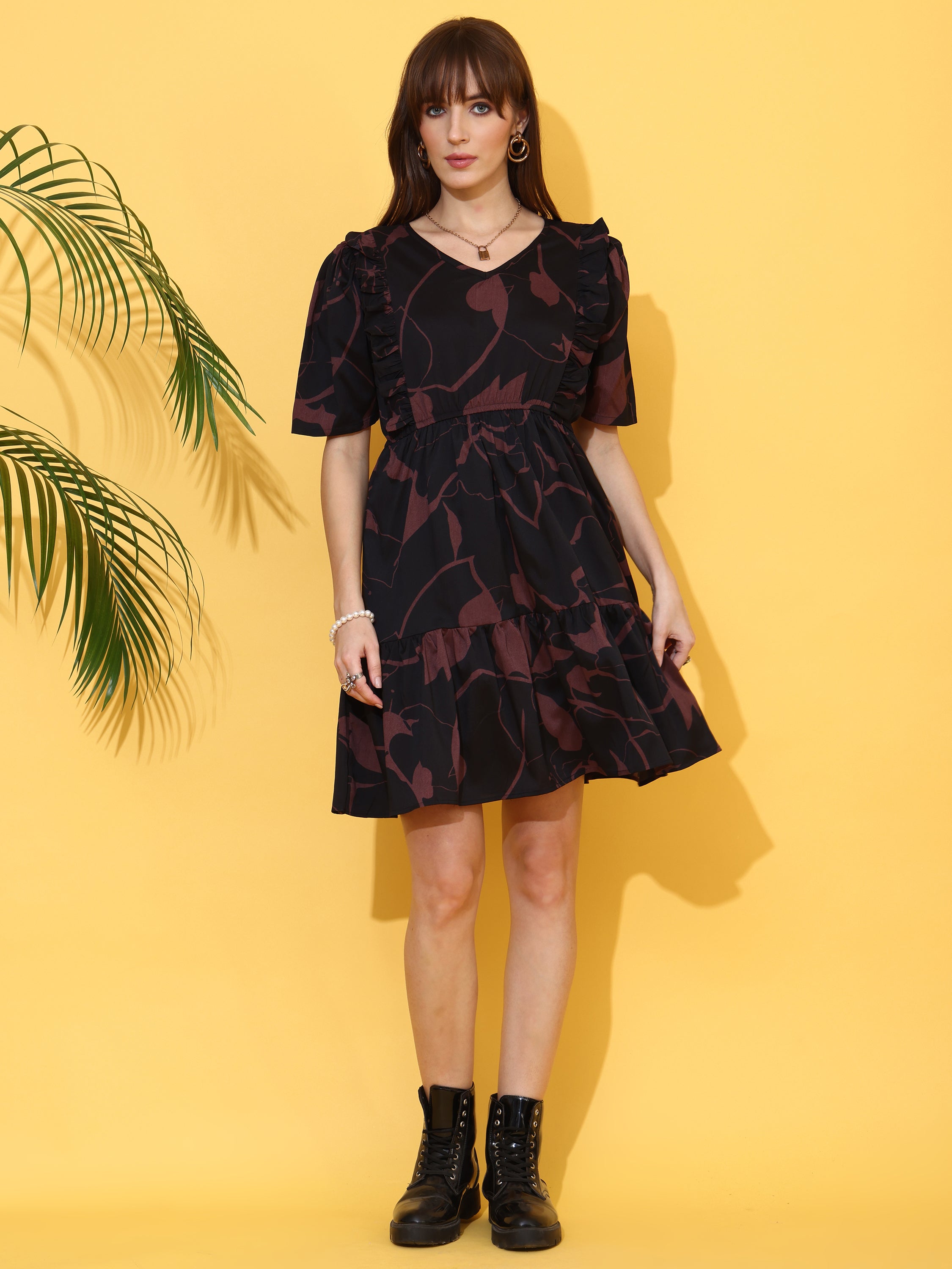 Black And Brown Abstract Printed Fit And Flare Mini Dress