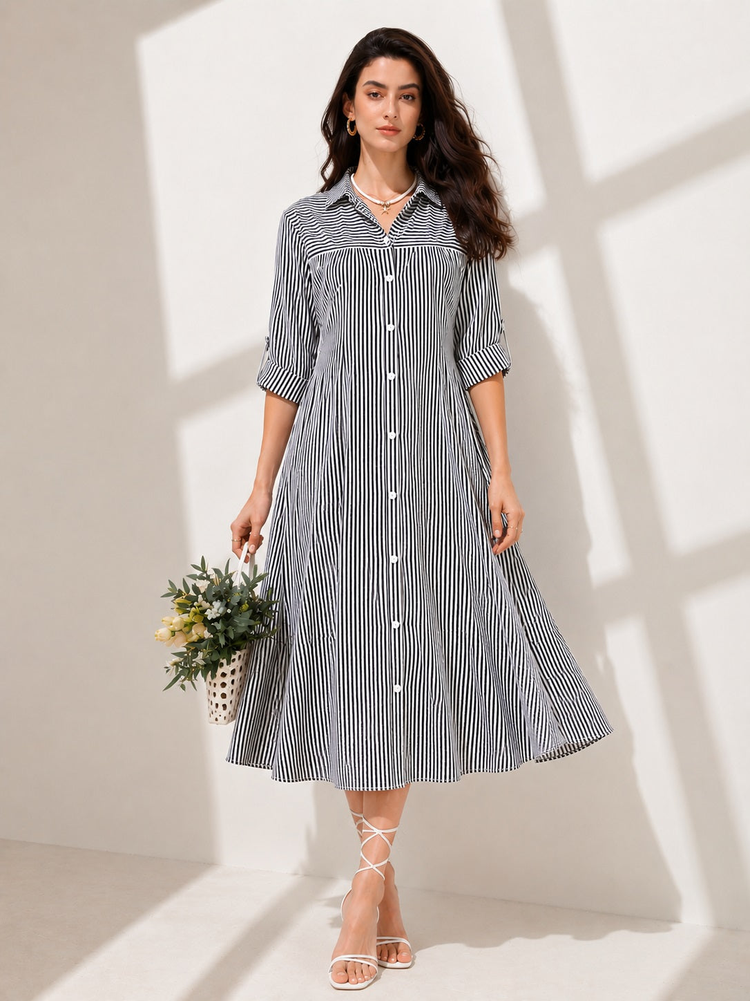 Women’s Black & White Striped Shirt Style Midi Dress With 3/4 Roll-Up Sleeves