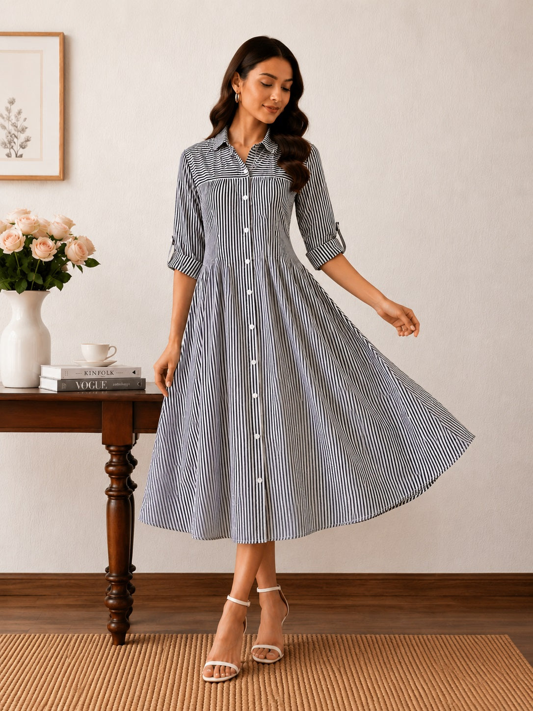 Women’s Black & White Striped Shirt Style Midi Dress With 3/4 Roll-Up Sleeves