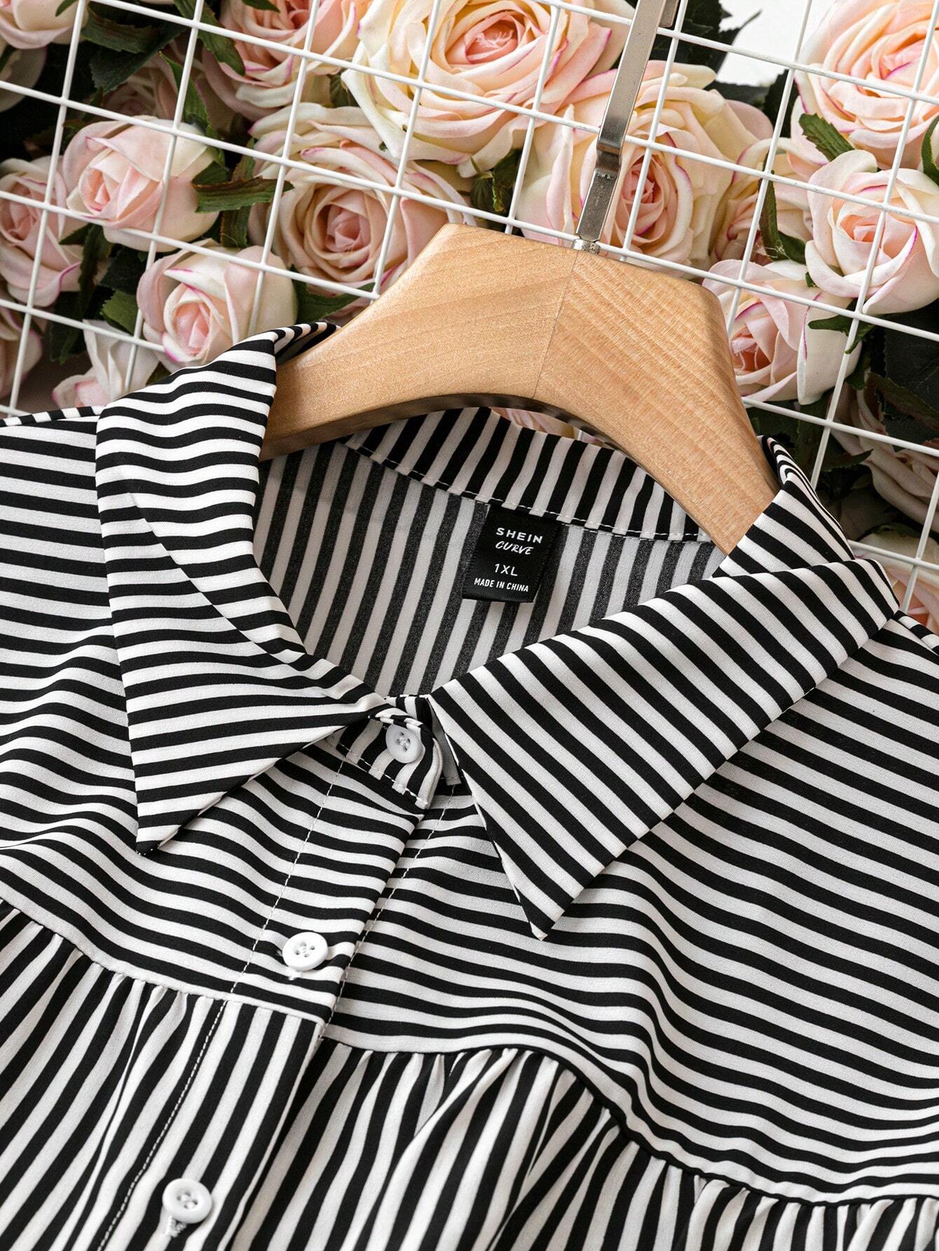Off White Striped Printed Roll-Up Sleeve Calf-Length Dress