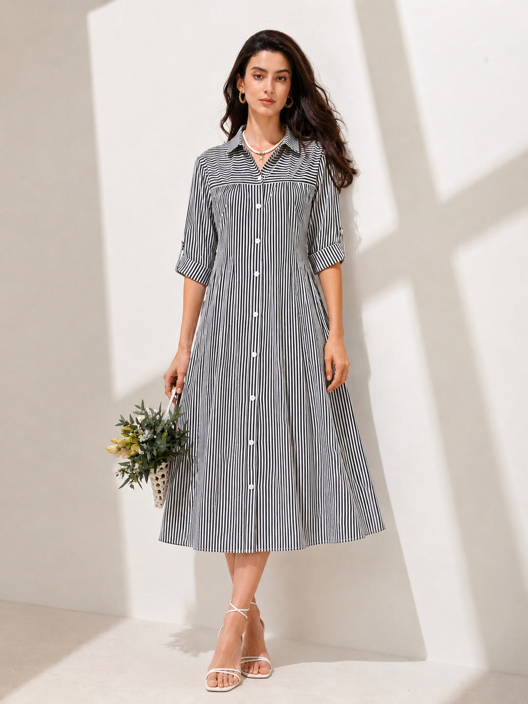 Women’s Black & White Striped Shirt Style Midi Dress With 3/4 Roll-Up Sleeves