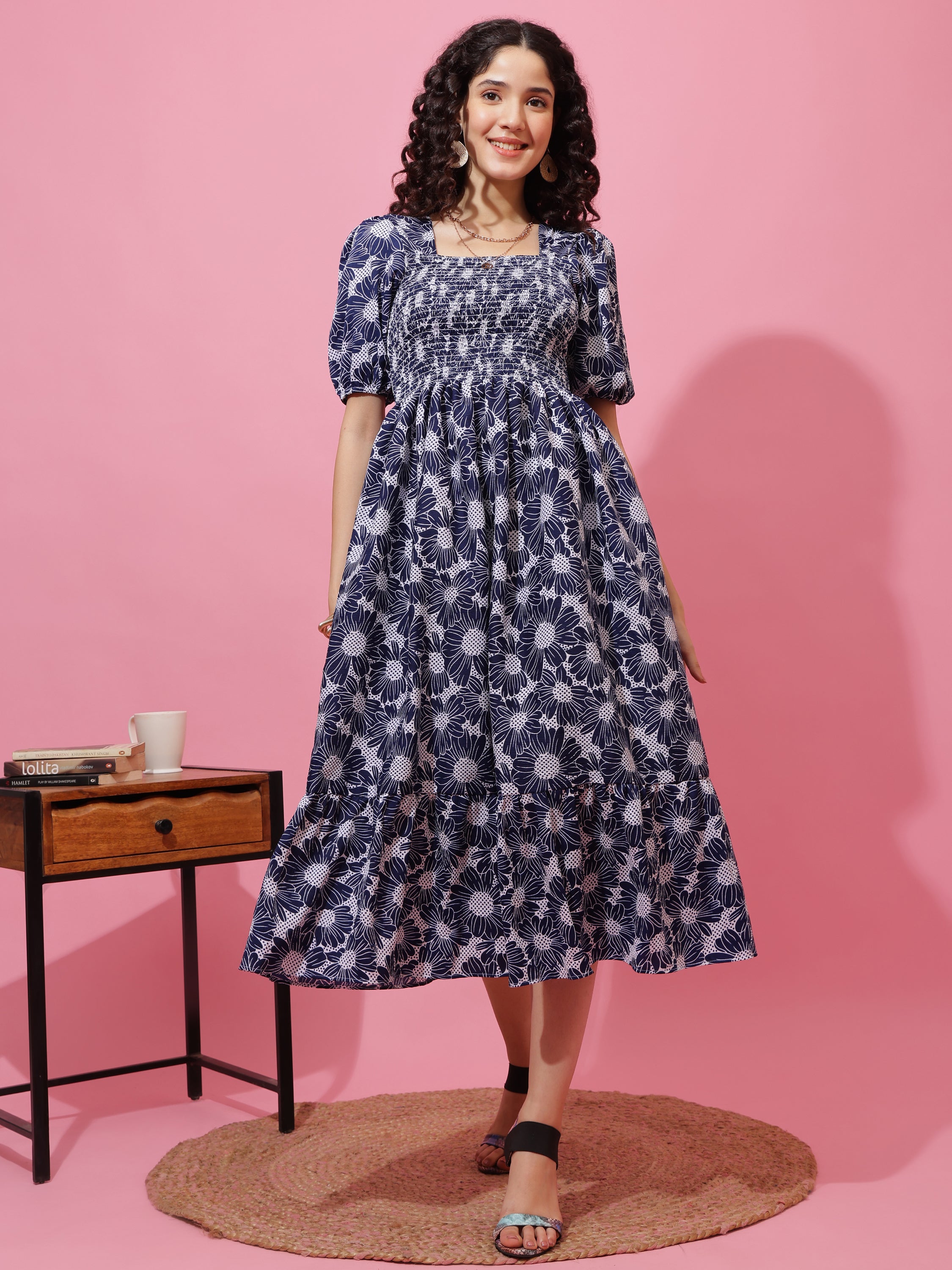 Floral Printed Puff Sleeve Fit and Flare Midi Dress