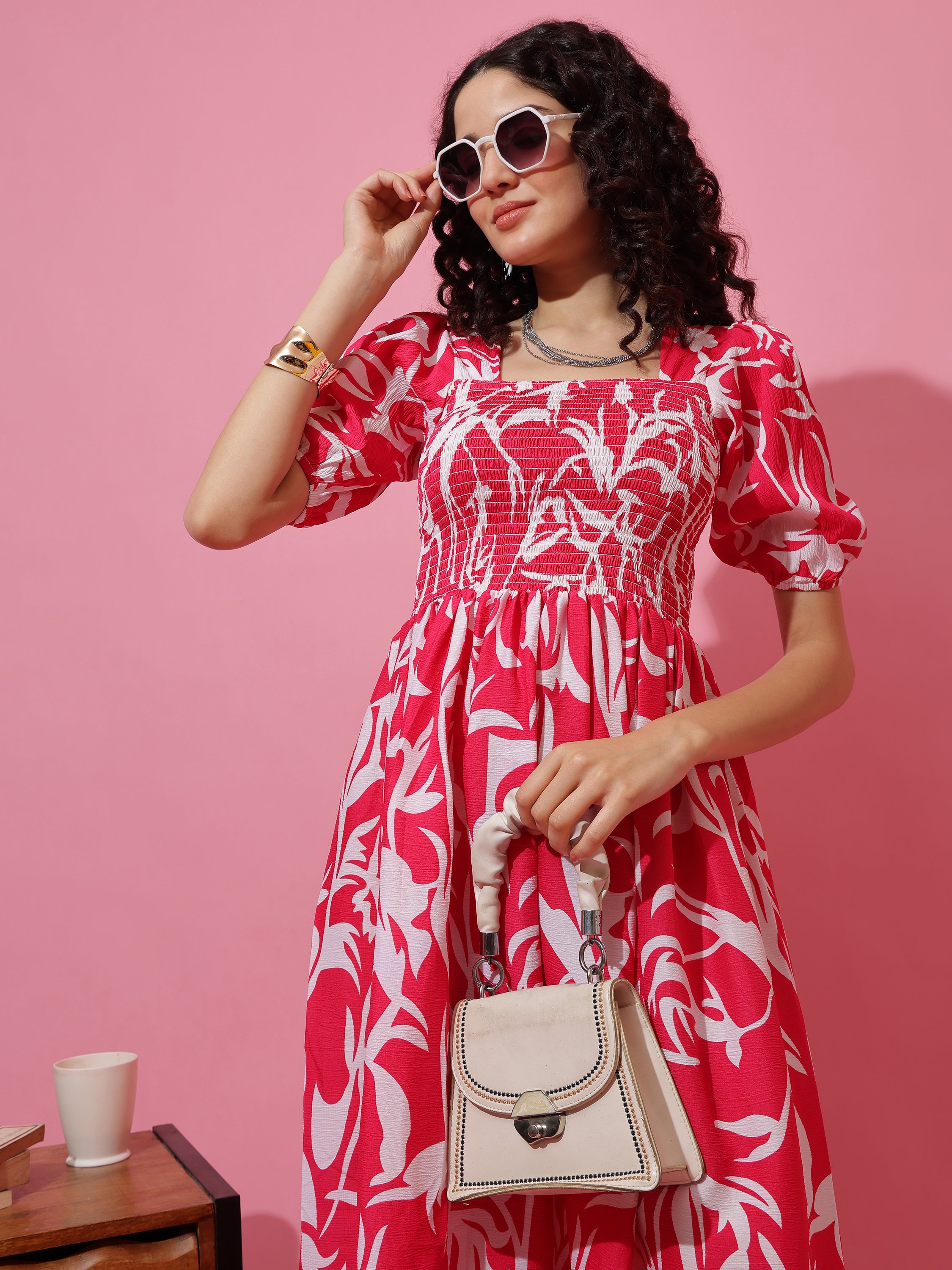 Floral Printed Puff Sleeve Fit and Flare Midi Dress